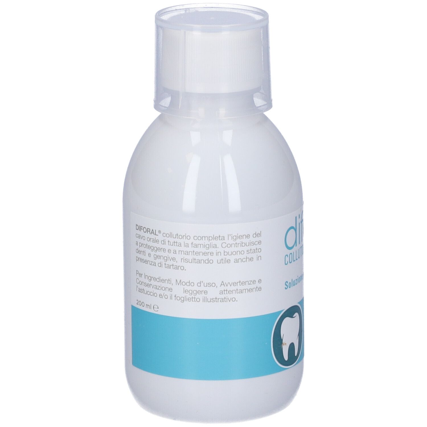Flacone bianco con etichetta blu. Testo: difORAL Collutorio. Testo descrittivo. Simbolo del dente. Produttore: NALKEIN.