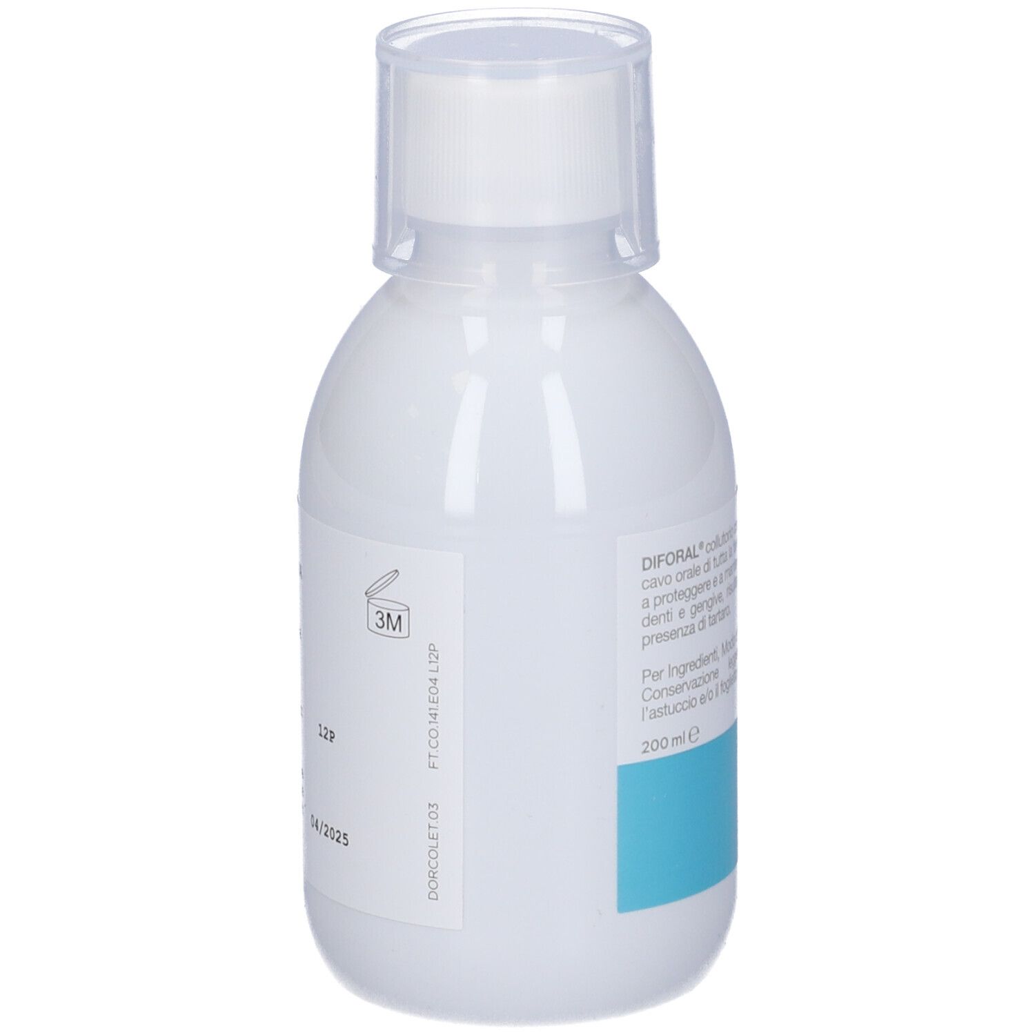 Flacone bianco con etichetta blu. Testo e simboli. Scritta: 200 ml. Scadenza: 3M. Informazioni produttore.