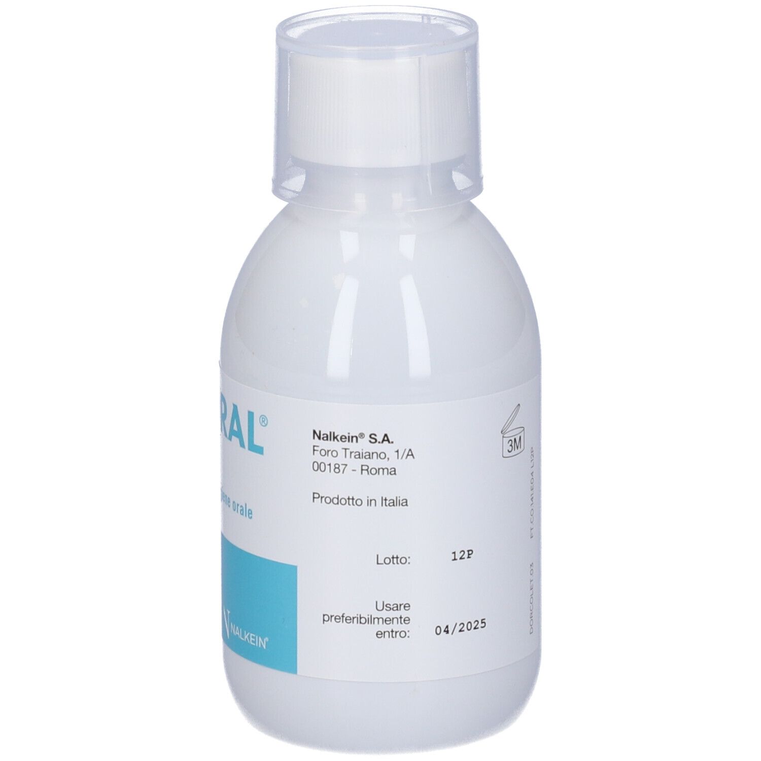 Flacone bianco con etichetta blu. Informazioni produttore. Scritta: 04/2025. Numero di lotto: 12P. Prodotto in Italia.
