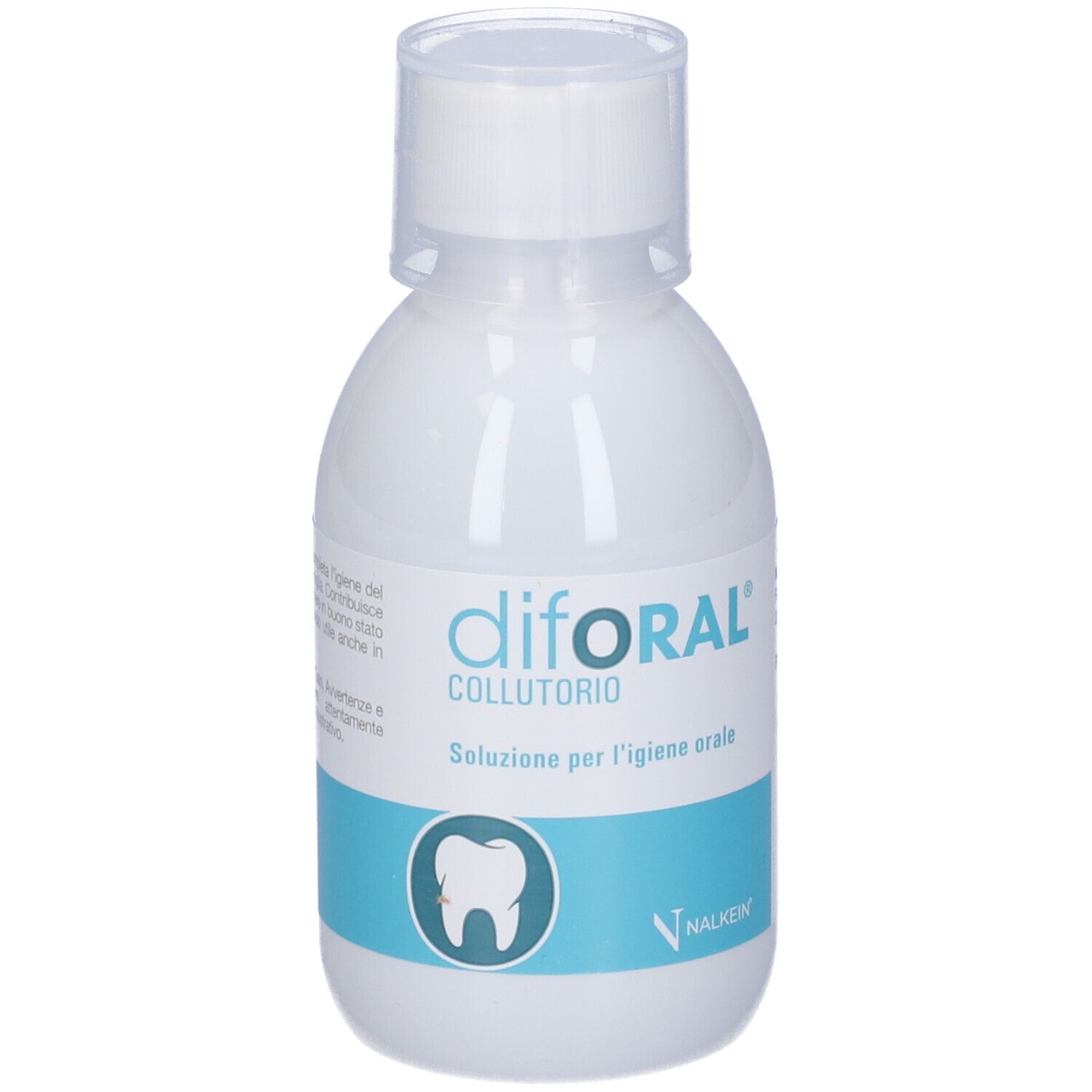 Flacone bianco con etichetta blu. Scritta: difORAL Collutorio. Simbolo del dente. Produttore: NALKEIN. Informazioni prodotto.