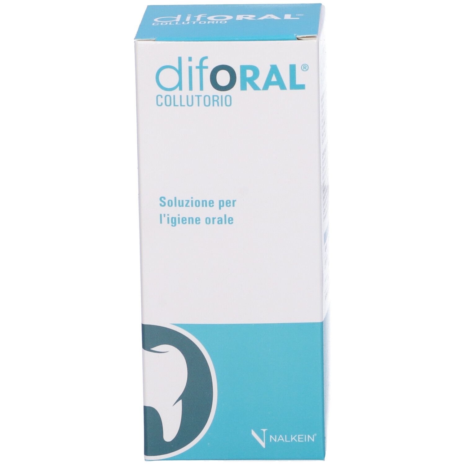 Confezione in cartone. Scritta: difORAL Collutorio. Simbolo del dente. Produttore: NALKEIN. Colori blu e bianco.