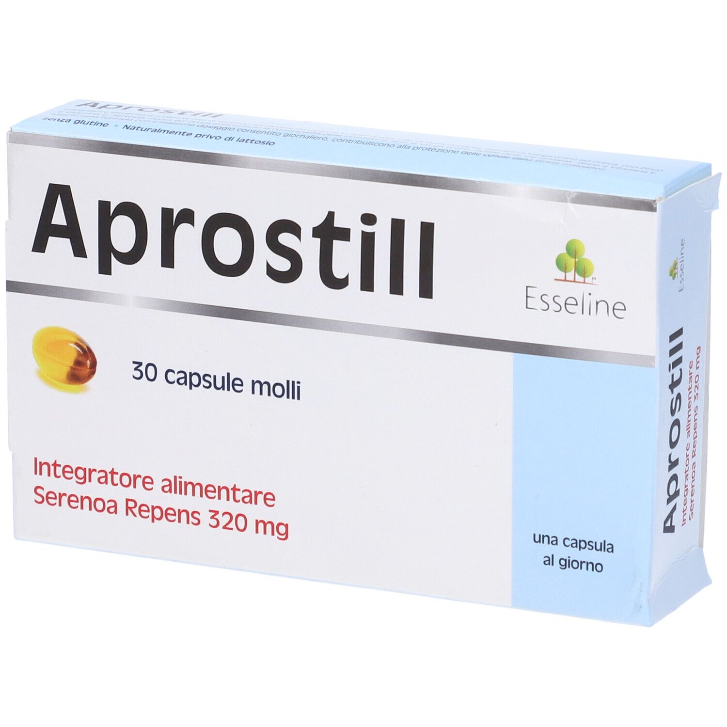 Scatola 'Aprostill', 30 capsule molli. 'Integratore alimentare Serenoa Repens 320 mg'. Logo Esseline. 'Una capsula al giorno'.