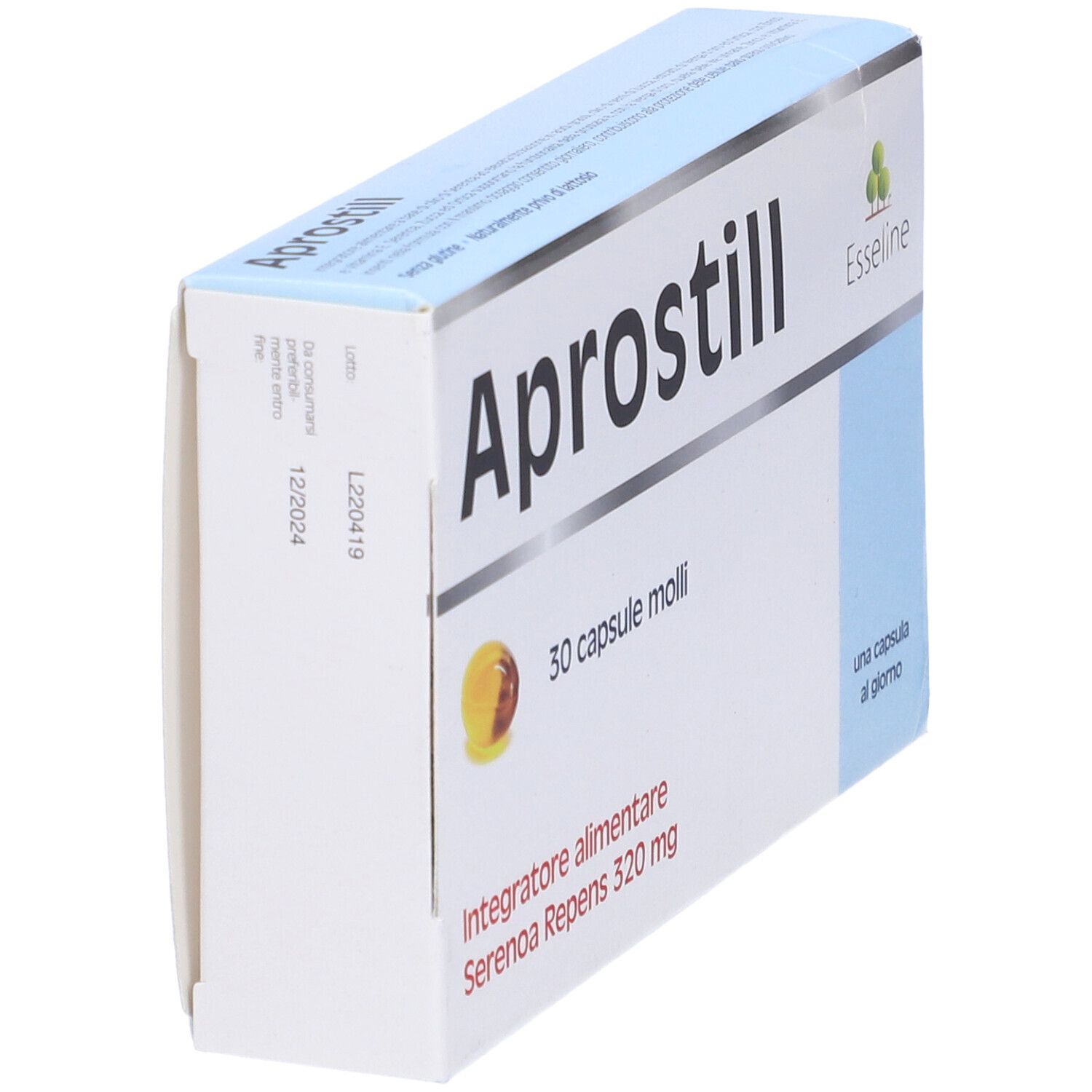 Scatola 'Aprostill', 30 capsule molli. 'Integratore alimentare Serenoa Repens 320 mg'. Logo Esseline. 'Una capsula al giorno'.
