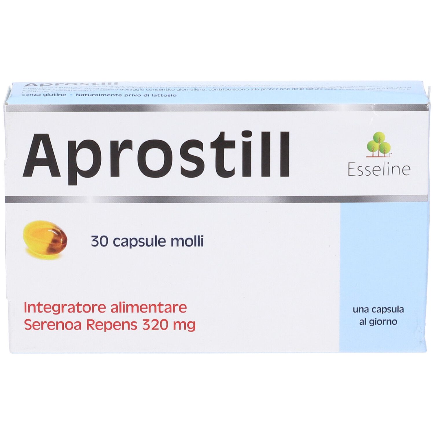 Vista laterale della scatola 'Aprostill'. Contiene informazioni sugli ingredienti e i valori nutrizionali. Logo Esseline.