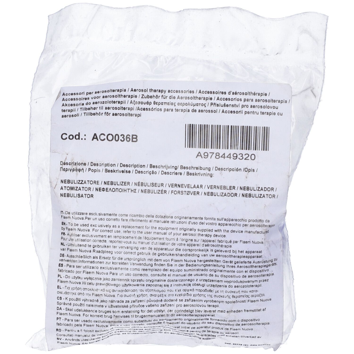 Confezione trasparente con testo. Codice ACO036B e codice a barre A978449320. Descrizione multilingue del prodotto.