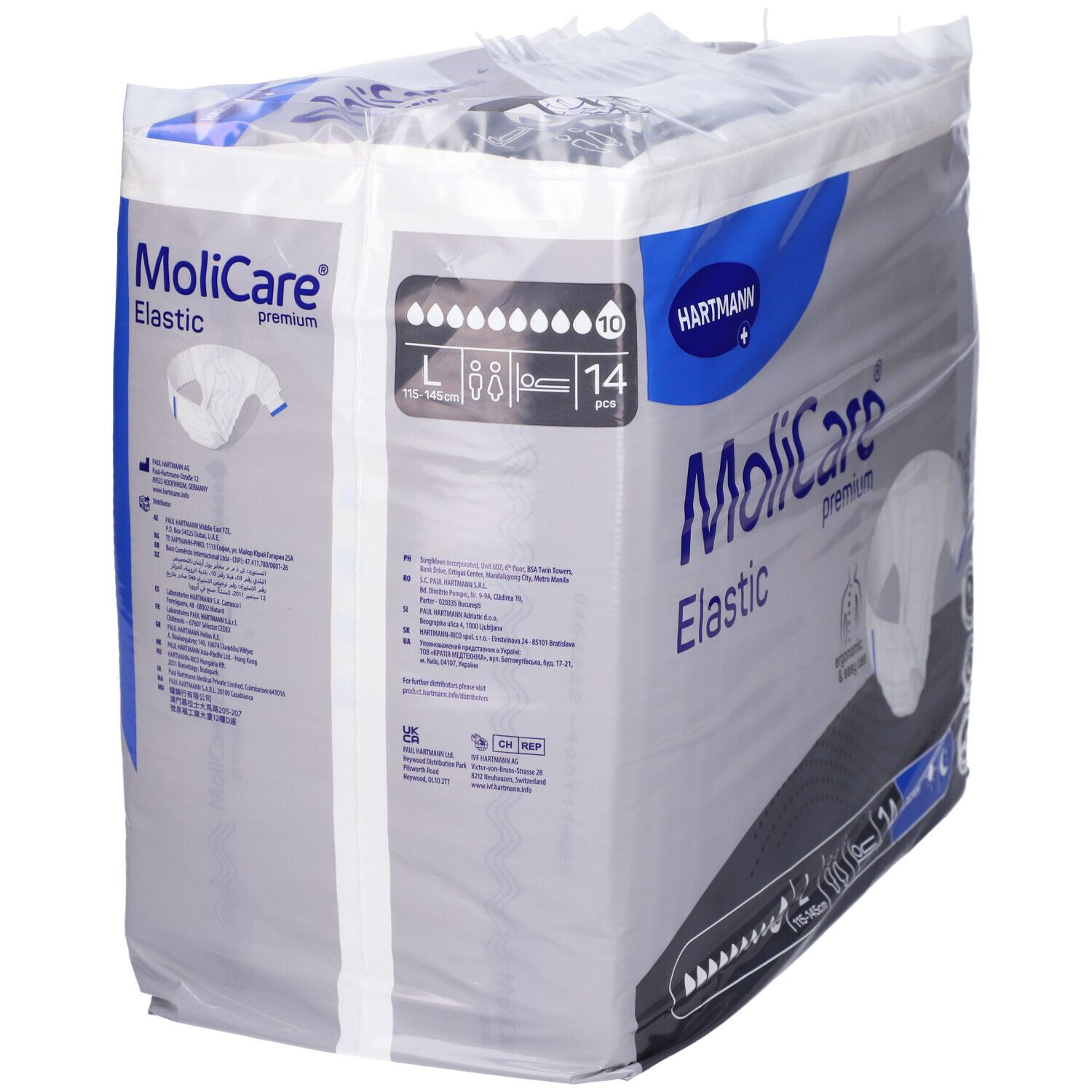 Confezione MoliCare Elastic Premium, taglia L, 14 pezzi. 10 gocce. Protezione giorno e notte. Imballaggio in pellicola.