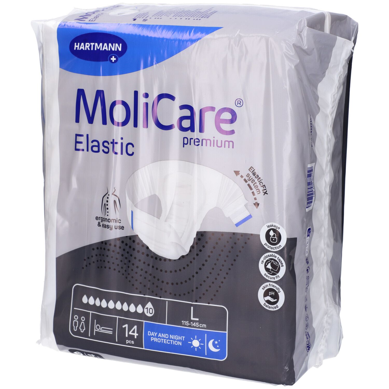 Confezione MoliCare Elastic Premium, taglia L, 14 pezzi. 10 gocce. Protezione giorno e notte. Ergonomico e facile.