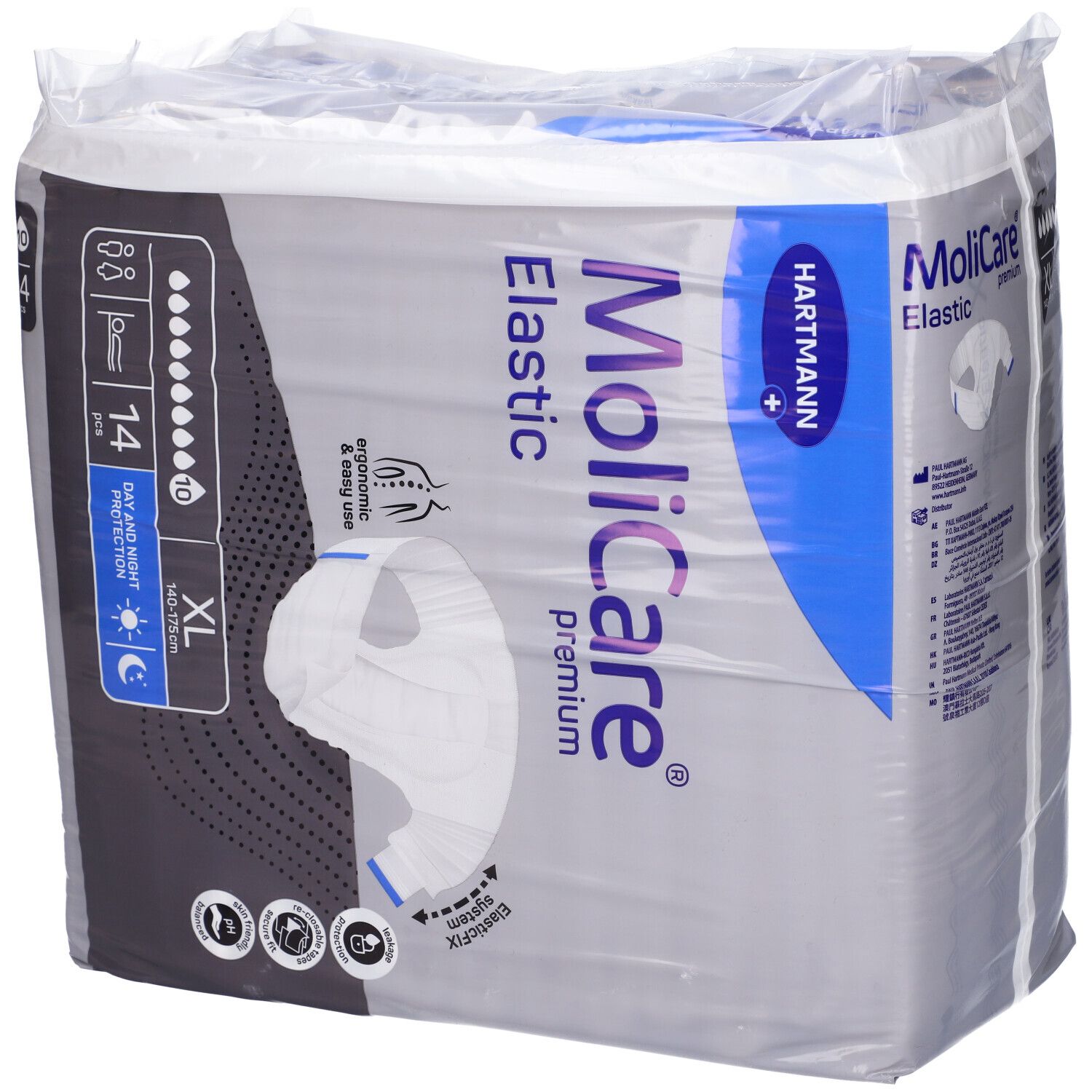 Confezione di Hartmann MoliCare Elastic XL, 14 pezzi. Immagine e informazioni. Simbolo 10 gocce. Protezione giorno e notte.