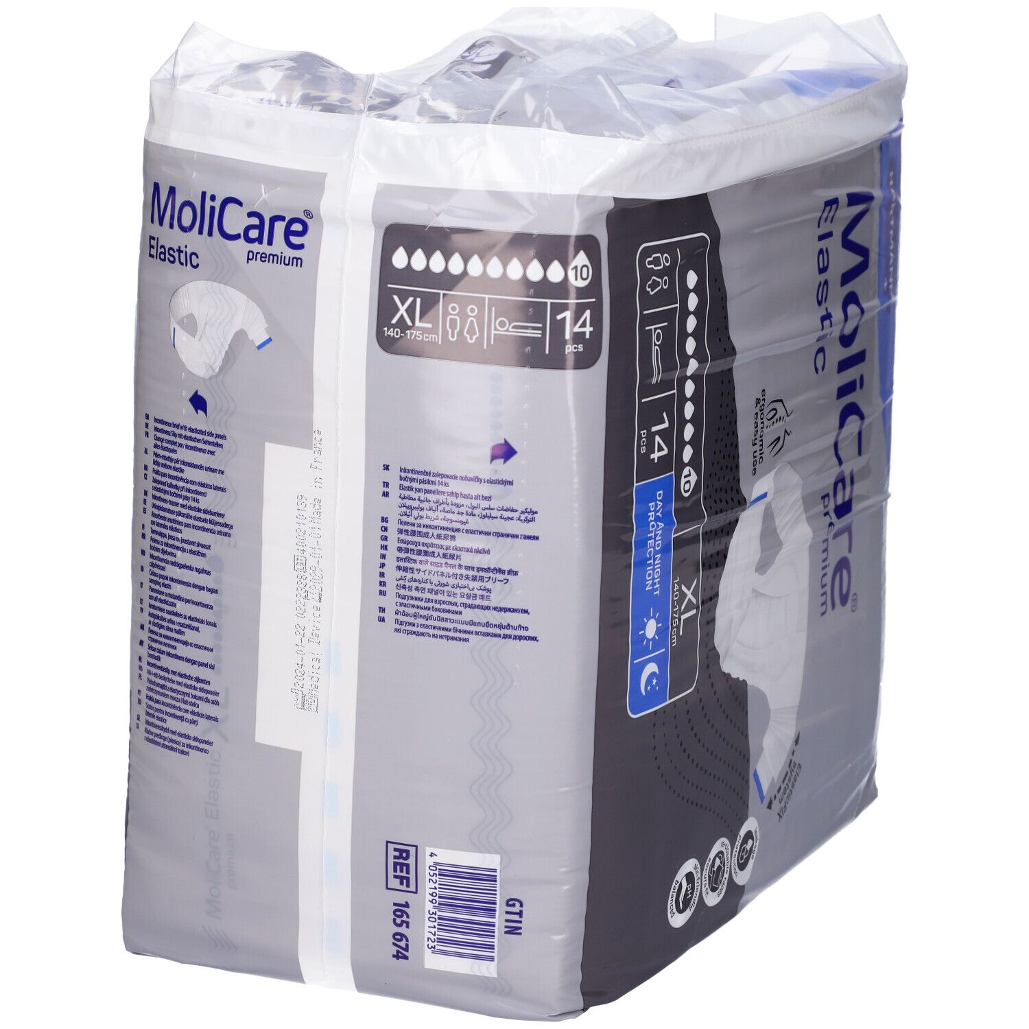 Confezione di Hartmann MoliCare Elastic XL, 14 pezzi. Immagine e informazioni. Simbolo 10 gocce. Codici REF e GTIN.