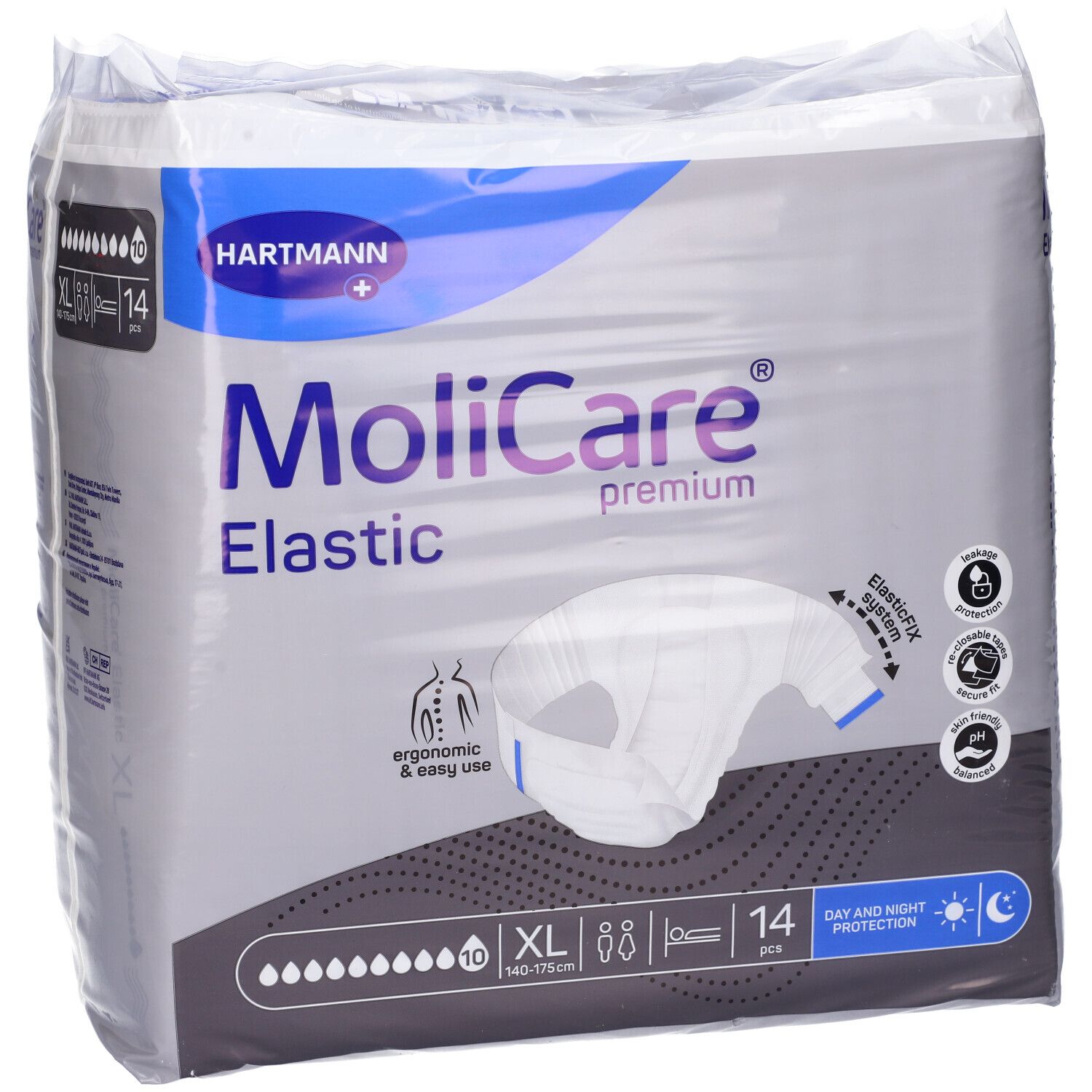 Confezione di Hartmann MoliCare Elastic XL, 14 pezzi. Immagine e informazioni. Simbolo 10 gocce. Protezione giorno e notte.