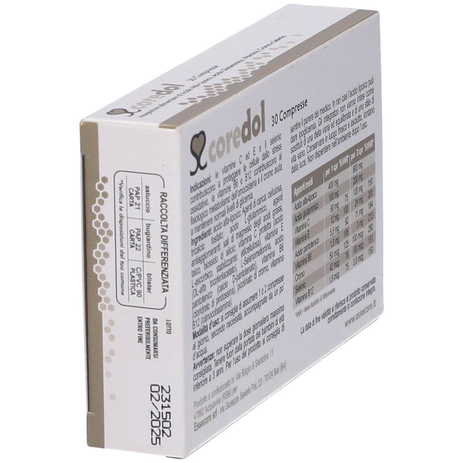 Scatola con informazioni su ingredienti e data di scadenza. Contiene 30 compresse. Informazioni produttore.