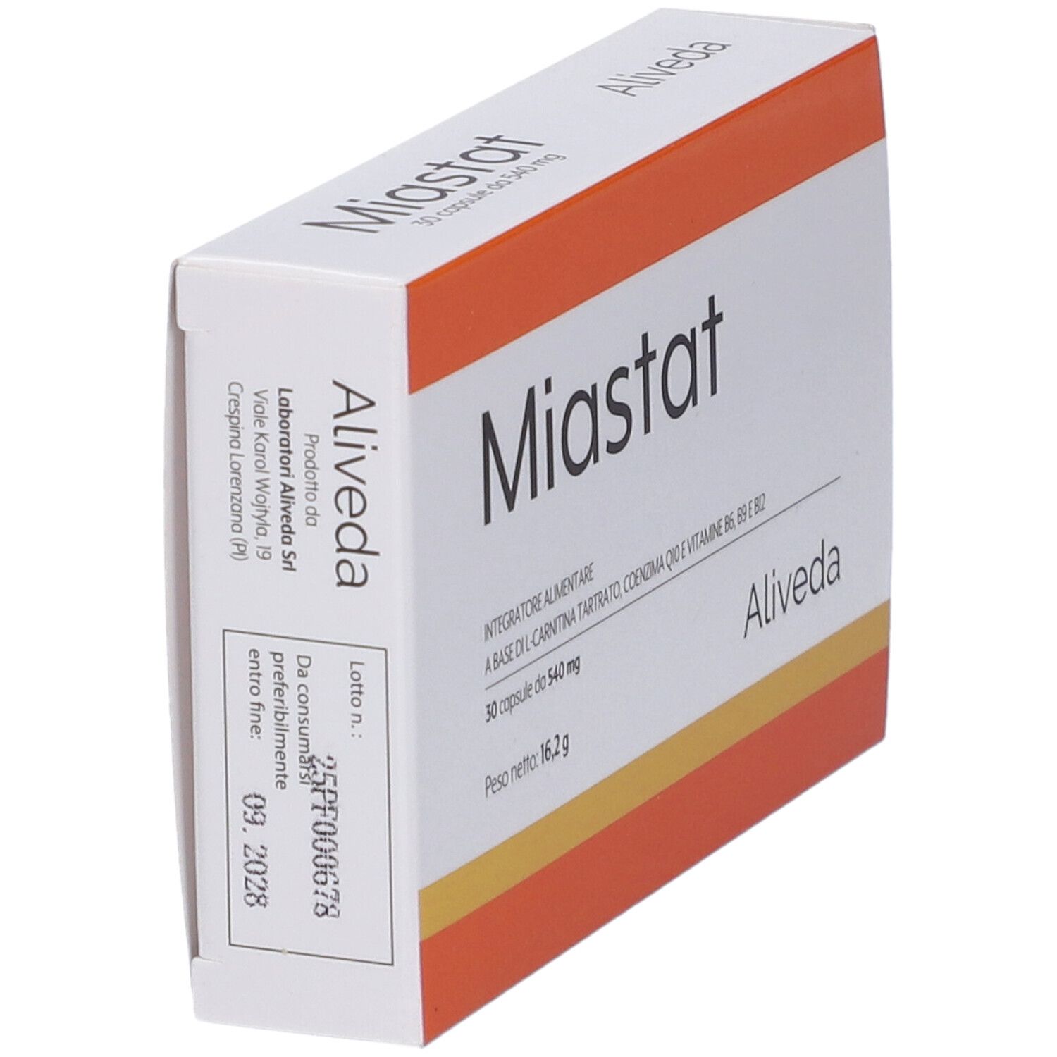 Scatola bianca con dettagli arancioni. Scritto "Miastat" e "Aliveda". Contiene 30 capsule.