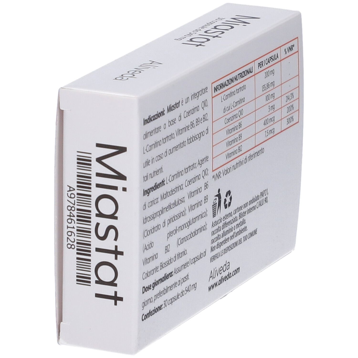 Scatola bianca con dettagli arancioni. Scritto "Miastat" e "Aliveda". Contiene 30 capsule.