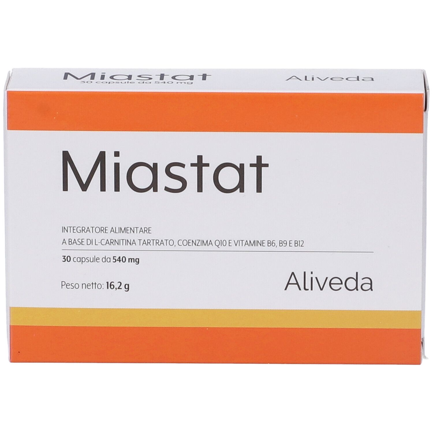 Scatola bianca con dettagli arancioni. Scritto "Miastat" e "Aliveda". Contiene 30 capsule.
