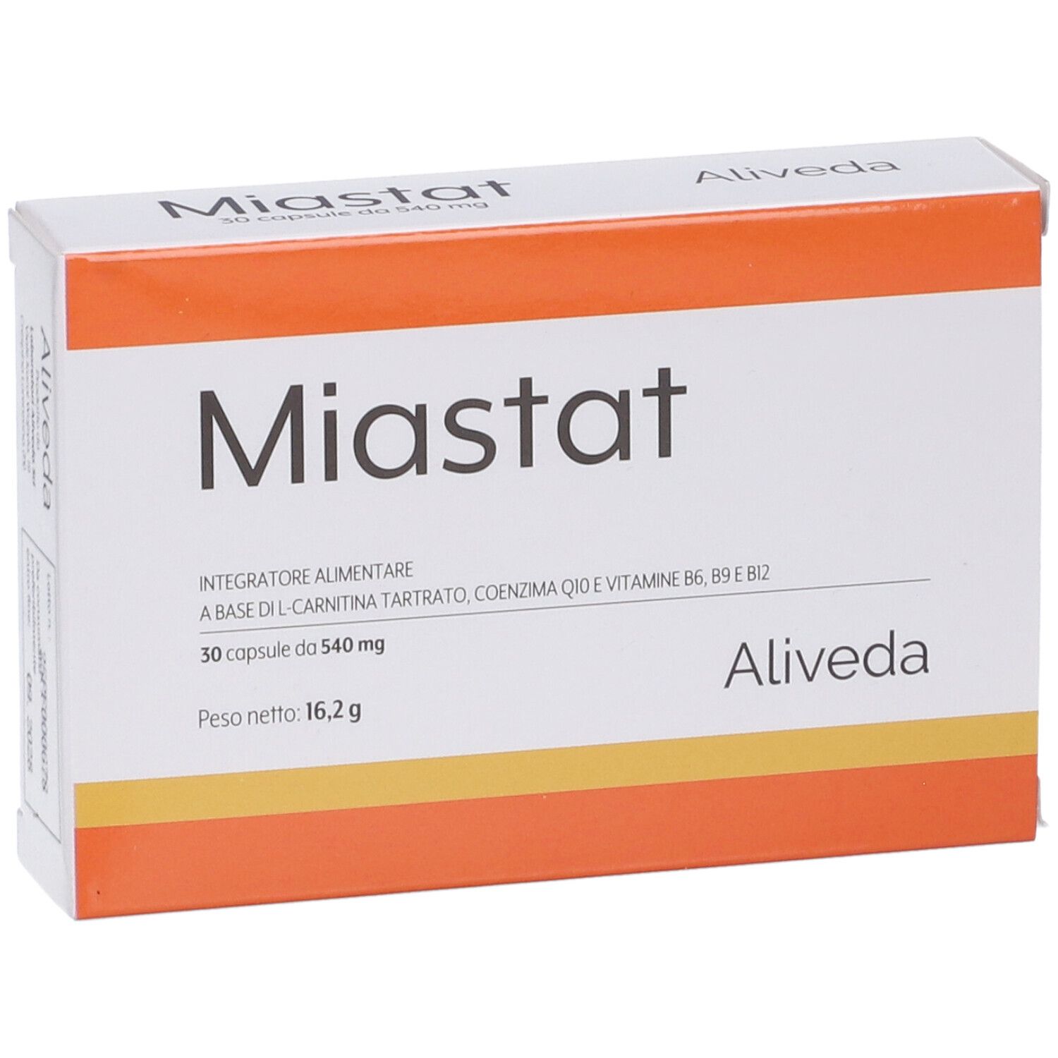 Scatola bianca con dettagli arancioni. Scritto "Miastat" e "Aliveda". Contiene 30 capsule.