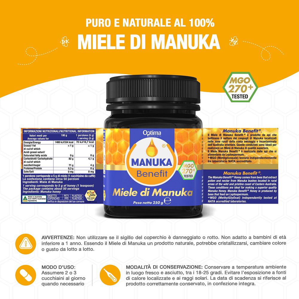 Vaso di miele di Manuka con informazioni nutrizionali e sul prodotto.