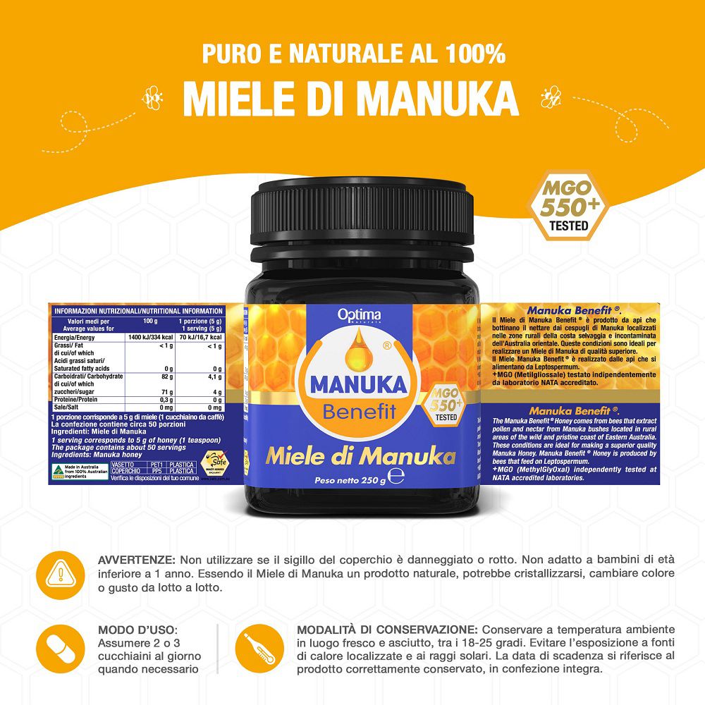 Vaso di miele di Manuka con informazioni nutrizionali e dettagli del prodotto sull'etichetta.