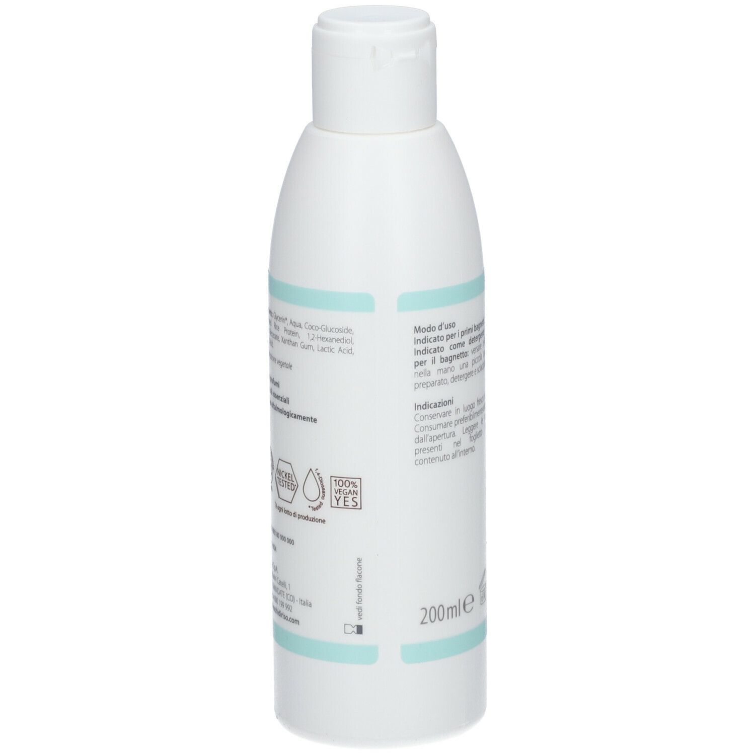 Retro di un flacone bianco. Testo in italiano. Simboli: 100% Vegan, Vegan OK. 200ml.