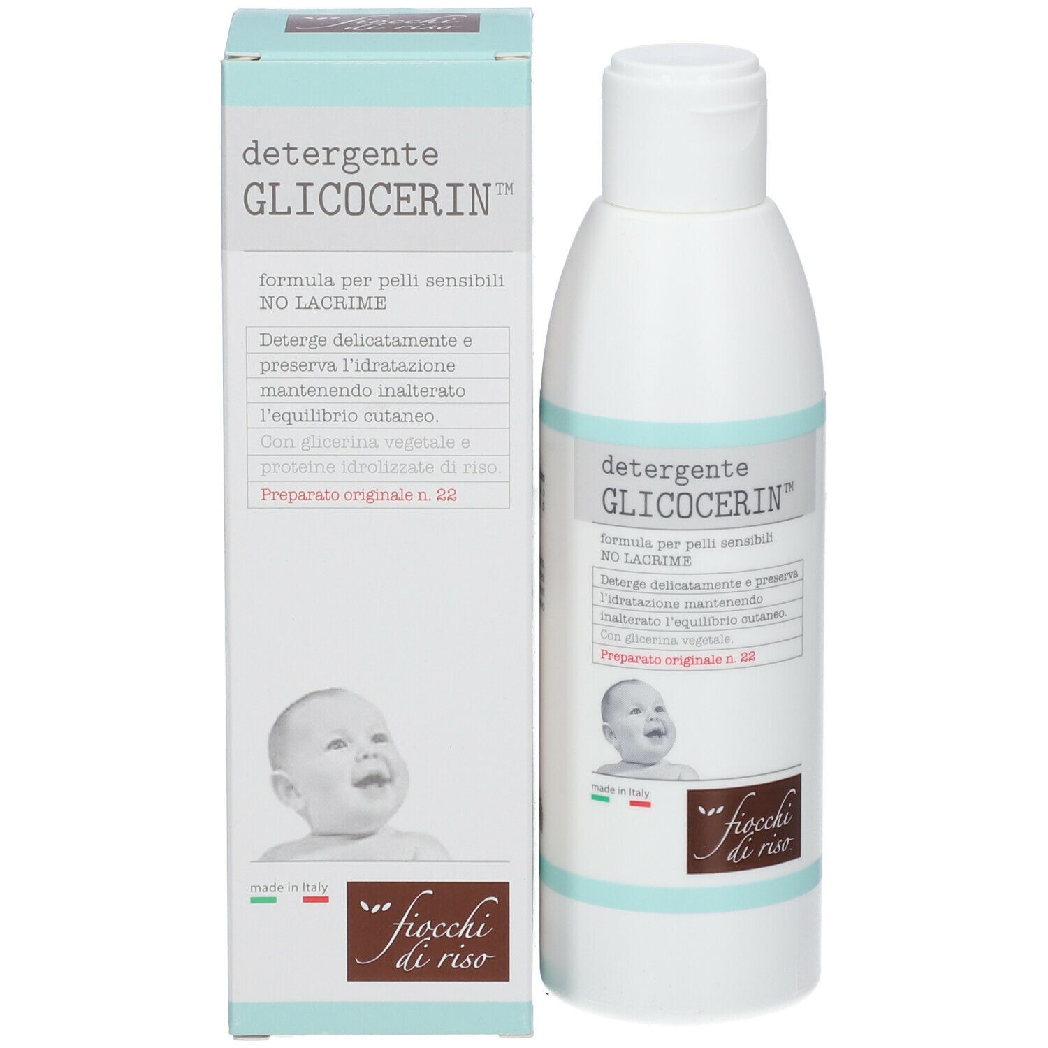 Confezione e flacone. Confezione: bianca con dettagli verde-azzurro. Scritta: DETERGENTE GLICOCERIN™. Immagine di bambino.