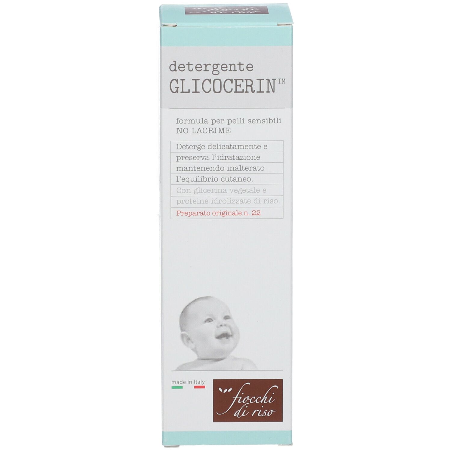 Confezione del prodotto. Bianco con dettagli verde-azzurro. Scritta: DETERGENTE GLICOCERIN™. Immagine di bambino. Bandiera italiana.