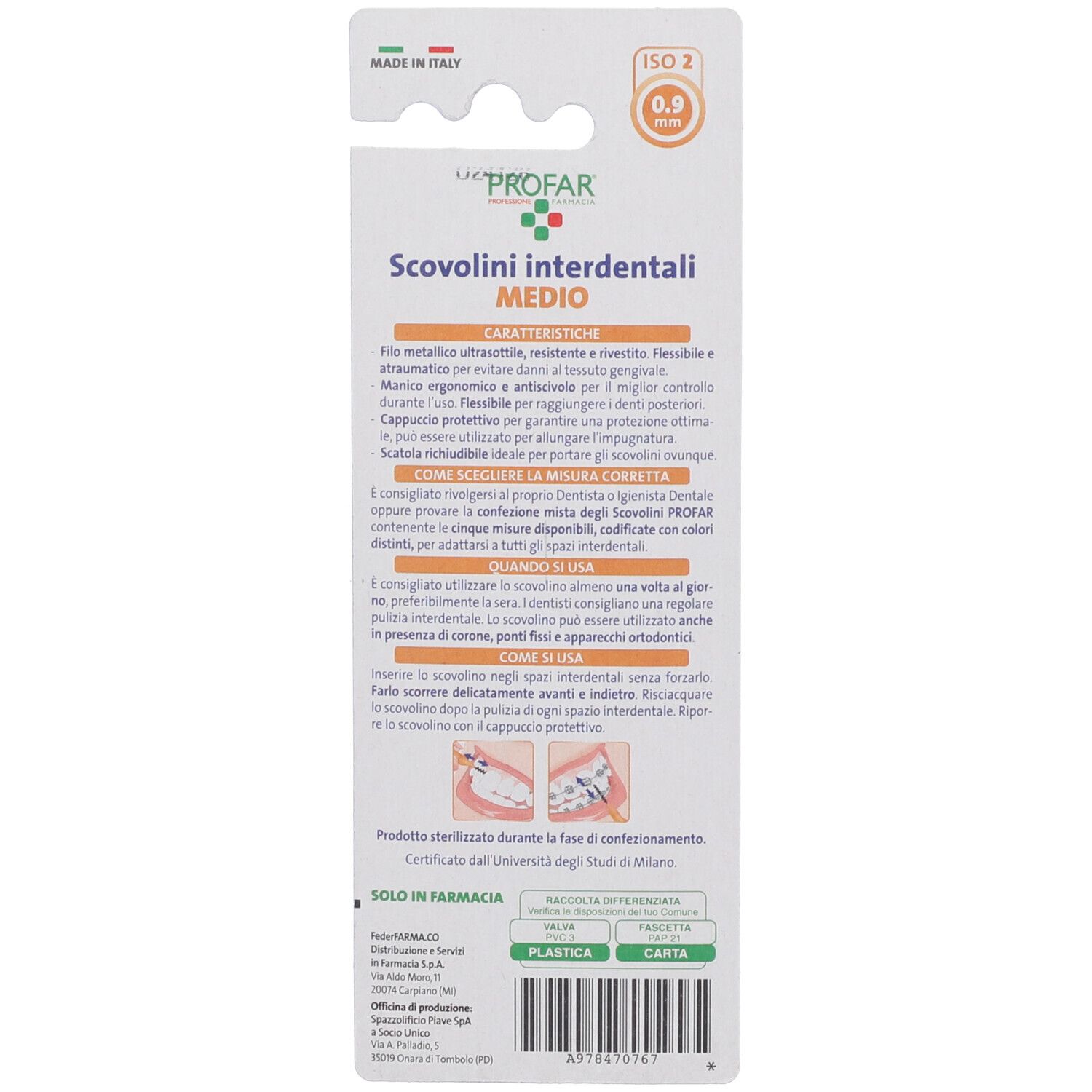 Retro confezione con informazioni sul prodotto. Certificazione ISO e istruzioni per lo smaltimento.