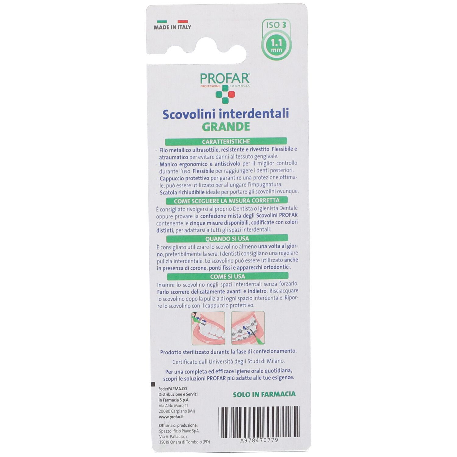 Retro confezione con informazioni prodotto in italiano. Certificazione ISO 3 visibile.