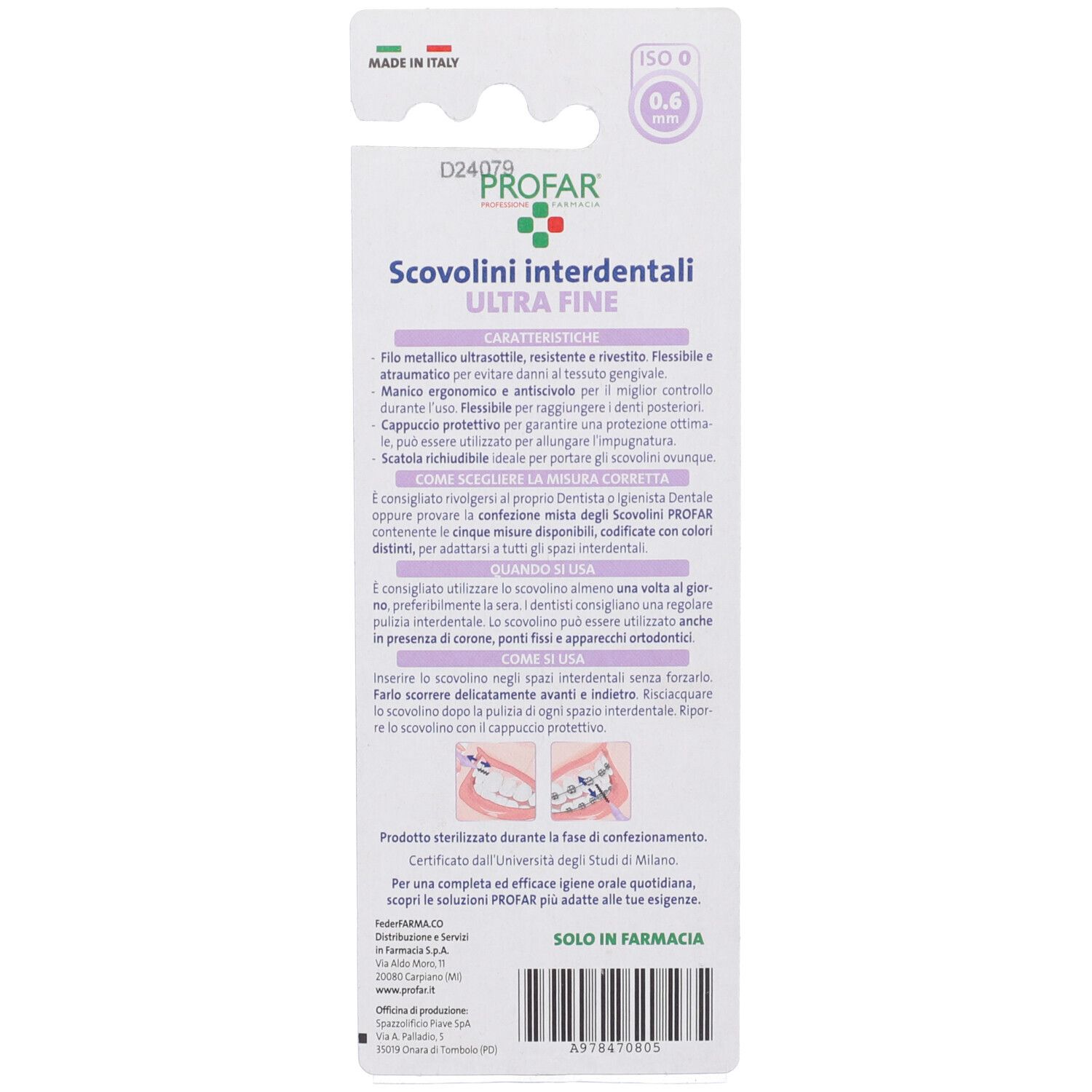 Retro della confezione con informazioni sul prodotto. Testo in italiano. Marchio Profar. Dettagli delle caratteristiche e dell'uso.