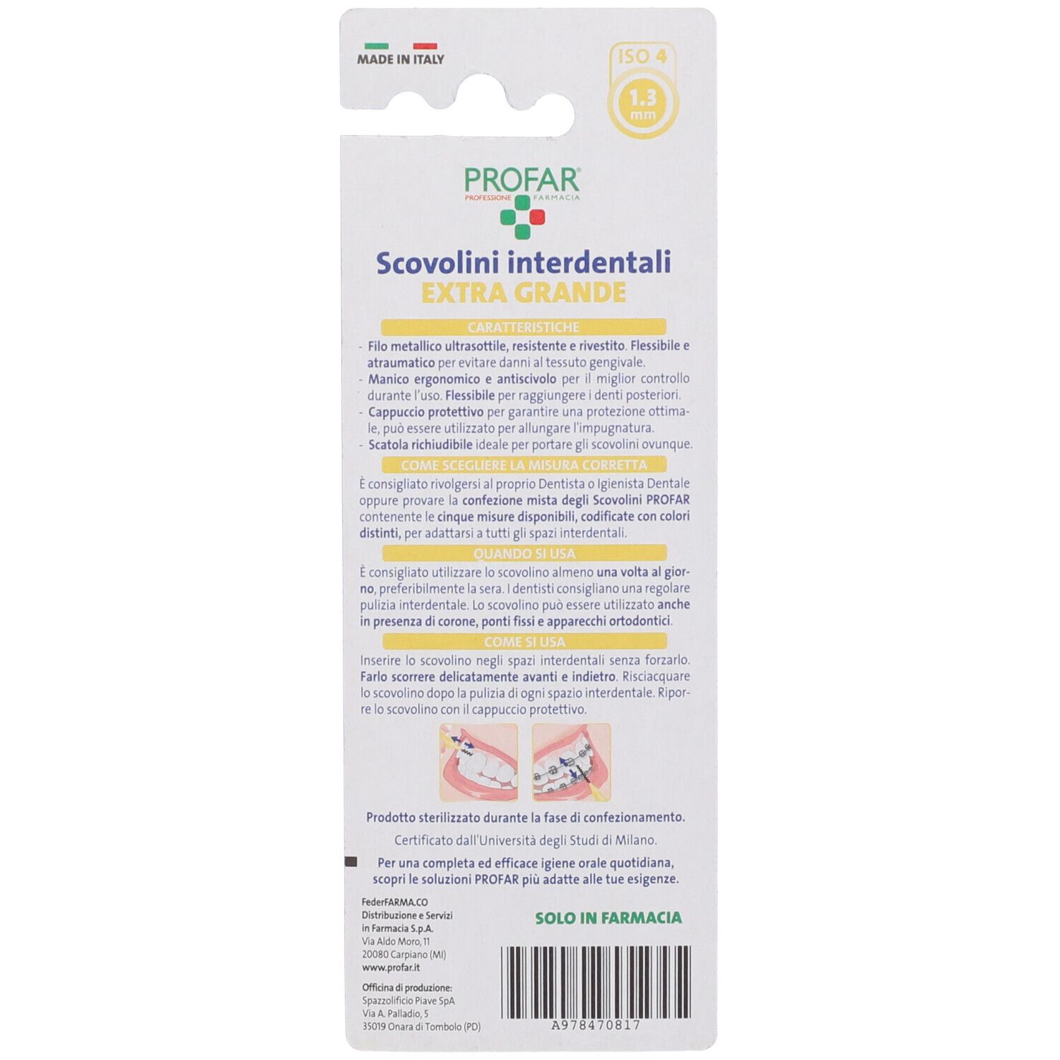 Retro confezione con testo e informazioni sul prodotto. Profar Scovolini interdentali. Indicazione ISO.