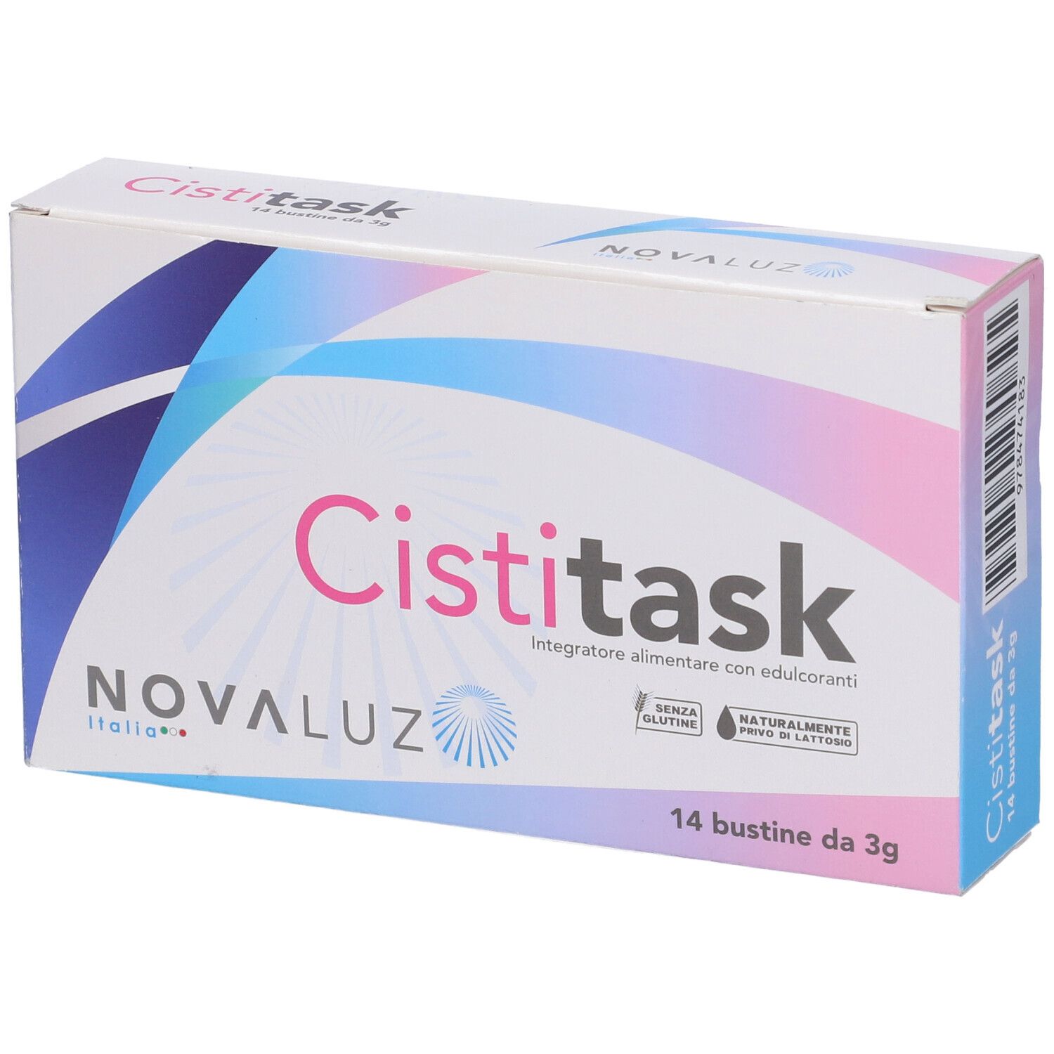 Confezione di Cistitask. Accenti rosa e blu. Scritta Cistitask e Novaluz Italia.