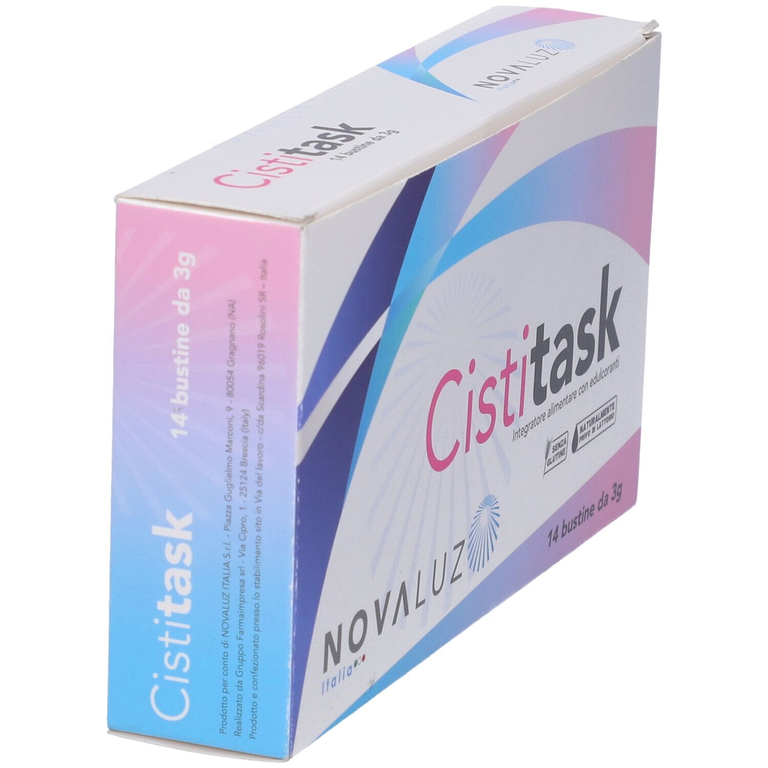 Confezione di Cistitask in prospettiva. Accenti rosa e blu. Scritta Cistitask e Novaluz Italia.
