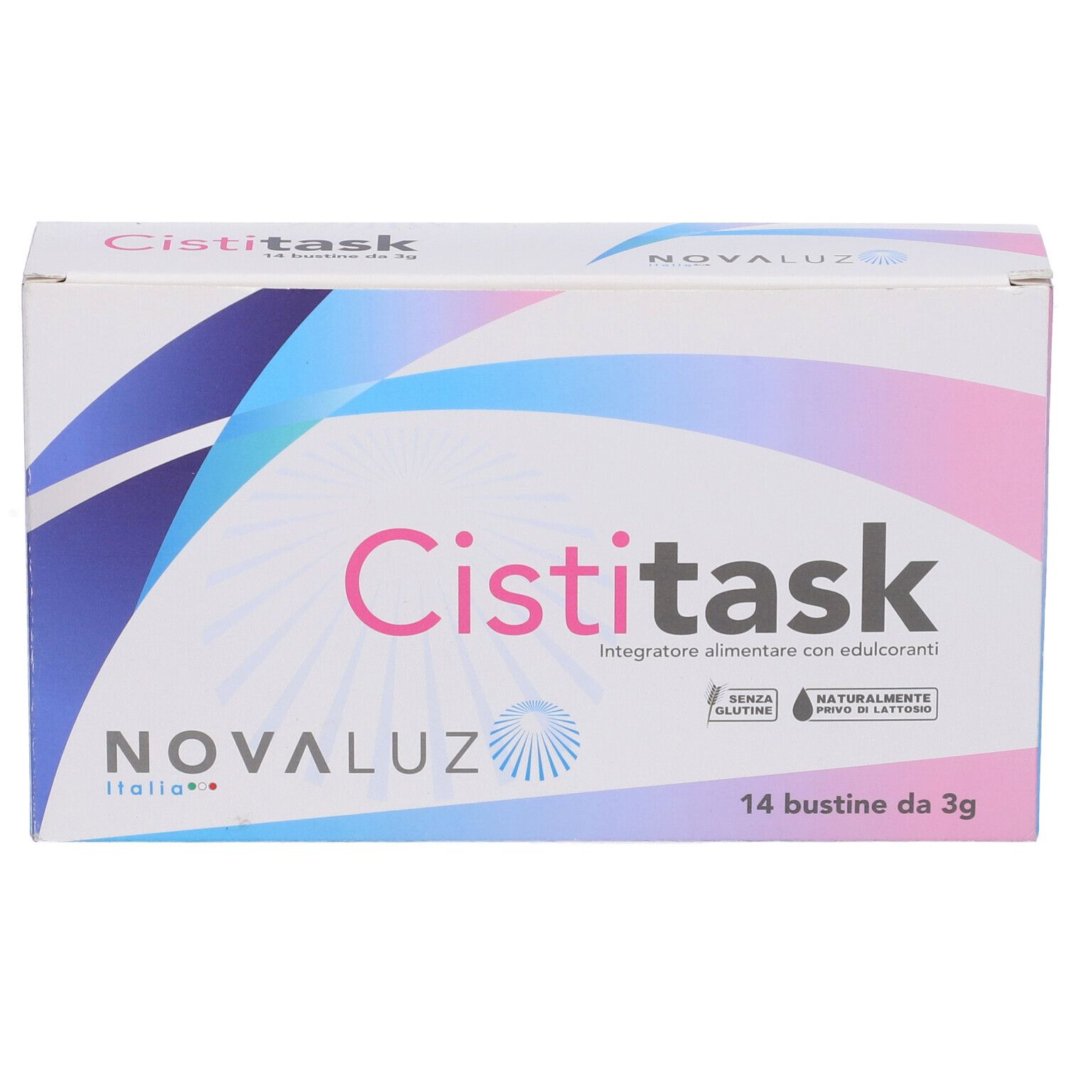 Confezione di Cistitask. Accenti rosa e blu. Scritta Cistitask e Novaluz Italia.
