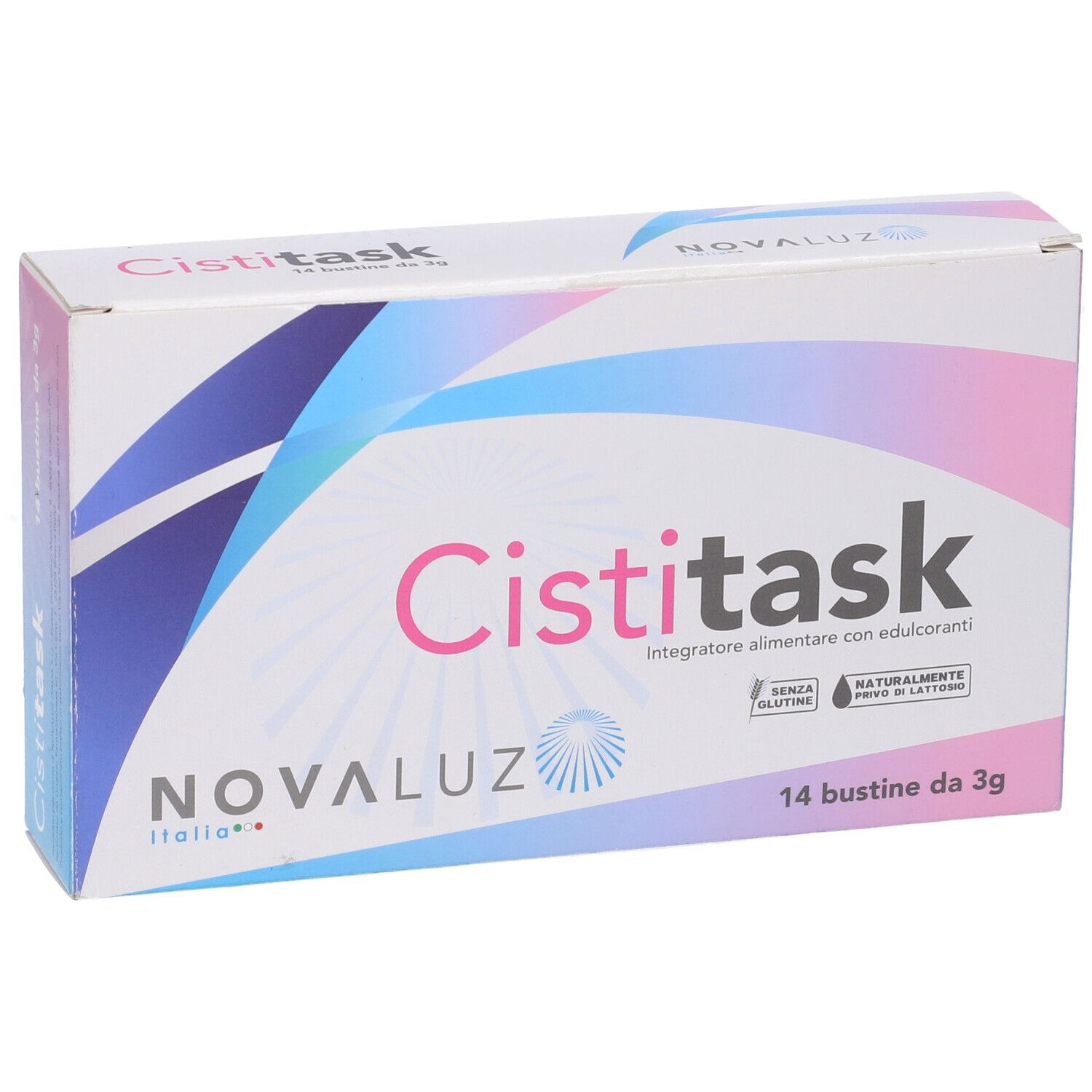 Confezione di Cistitask. Accenti rosa e blu. Scritta Cistitask e Novaluz Italia.