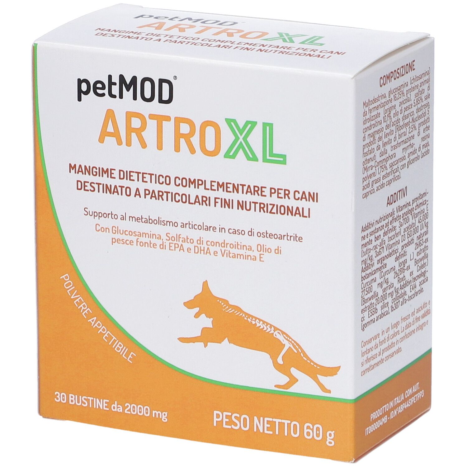 Confezione di petMOD ARTRO XL. Contiene 30 bustine. Scritta: « Mangime dietetico complementare per cani ».