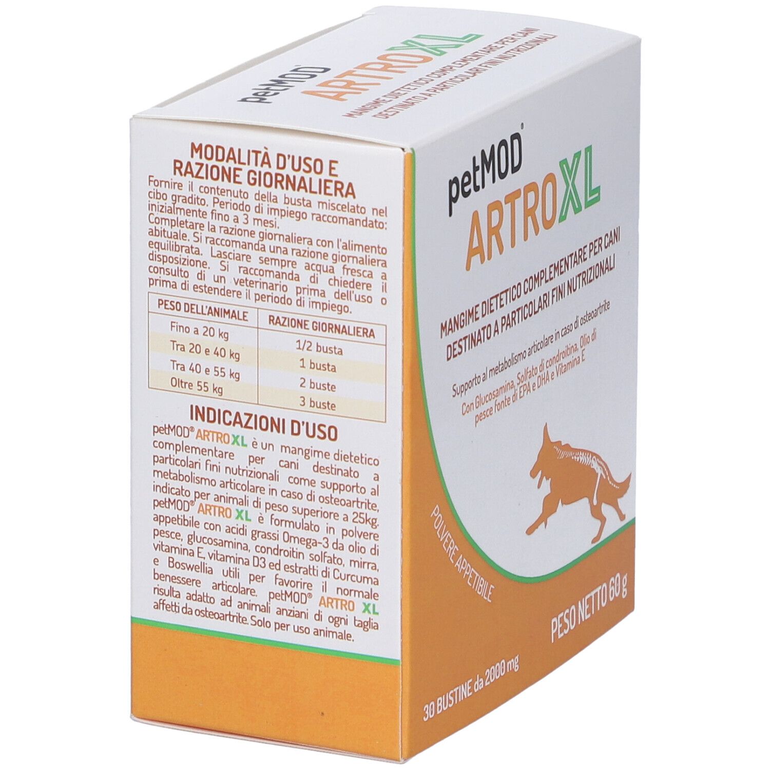Confezione di petMOD ARTRO XL. Contiene 30 bustine. Scritta: « Mangime dietetico complementare per cani ».