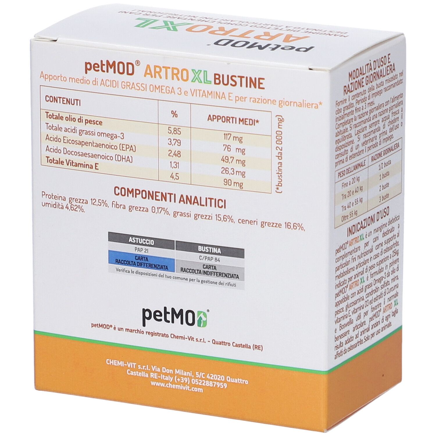 Confezione di petMOD ARTRO XL. Contiene 30 bustine. Scritta: « Mangime dietetico complementare per cani ».