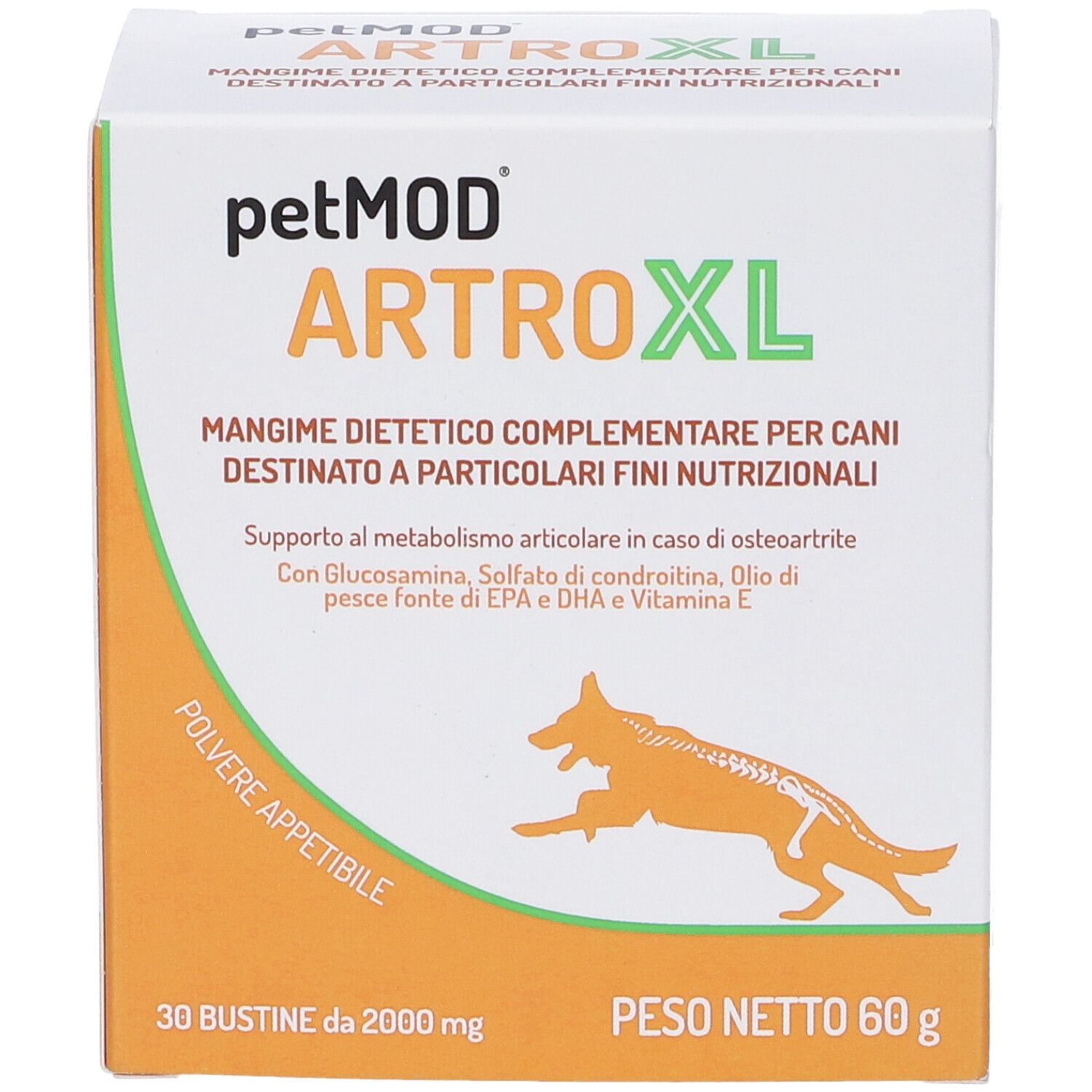 Confezione di petMOD ARTRO XL. Contiene 30 bustine. Scritta: « Mangime dietetico complementare per cani ».