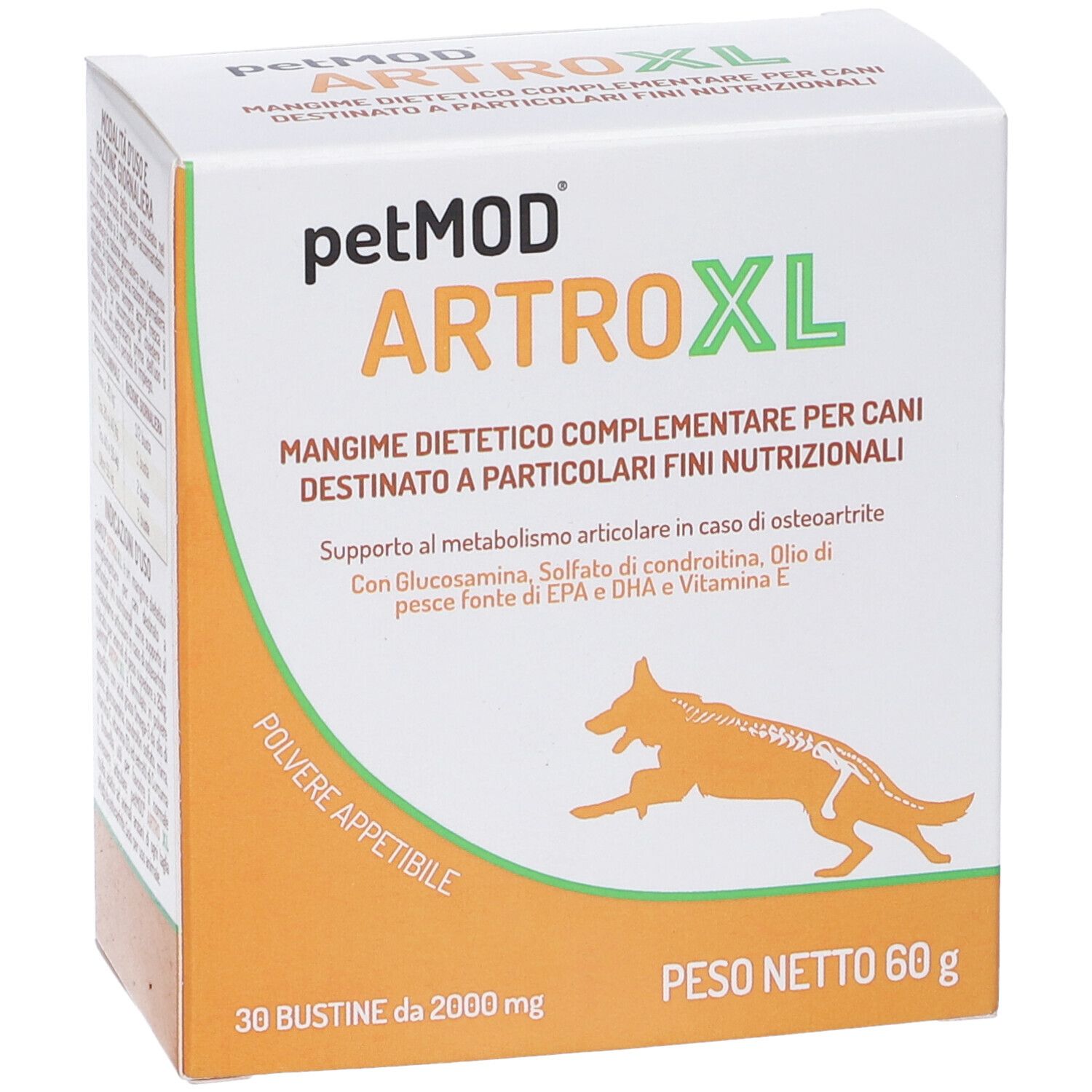 Confezione di petMOD ARTRO XL. Contiene 30 bustine. Scritta: « Mangime dietetico complementare per cani ».