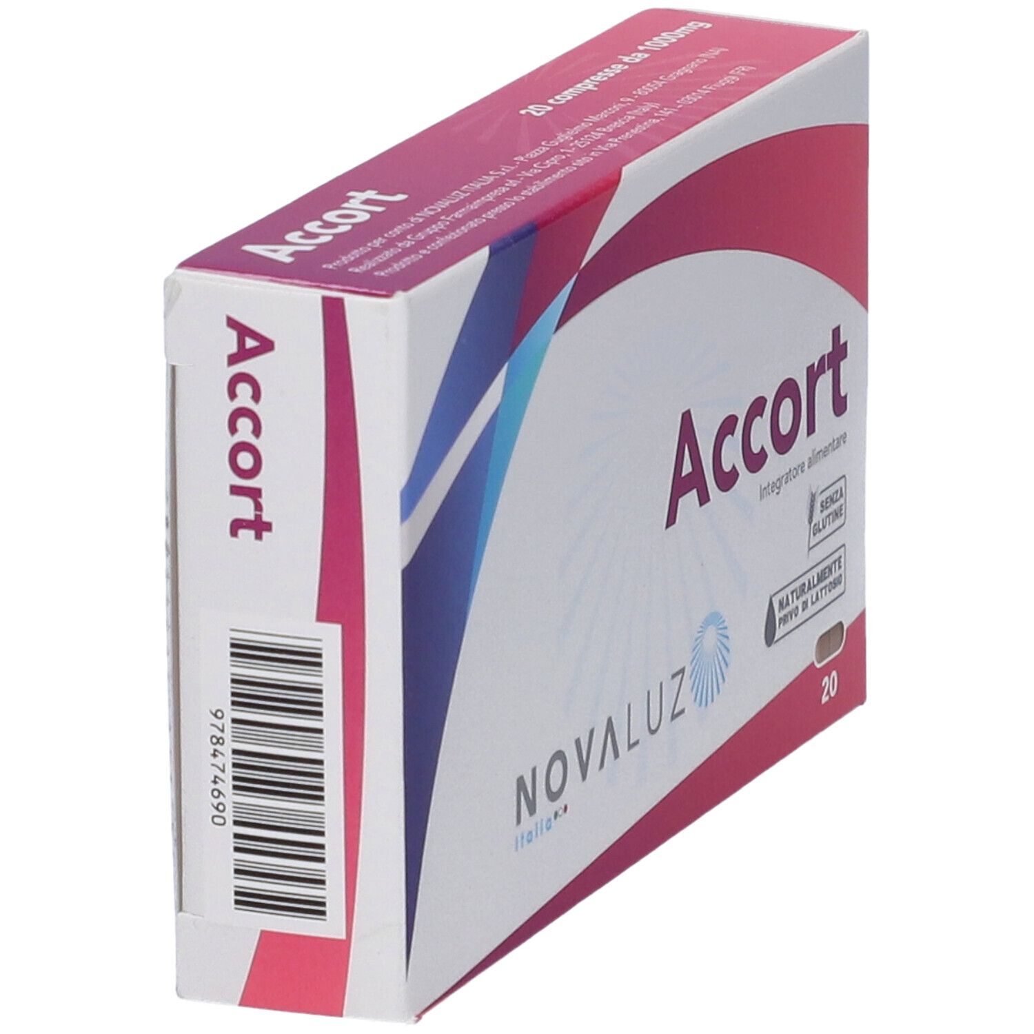 Accort: vista laterale della confezione integratore alimentare con codice a barre.