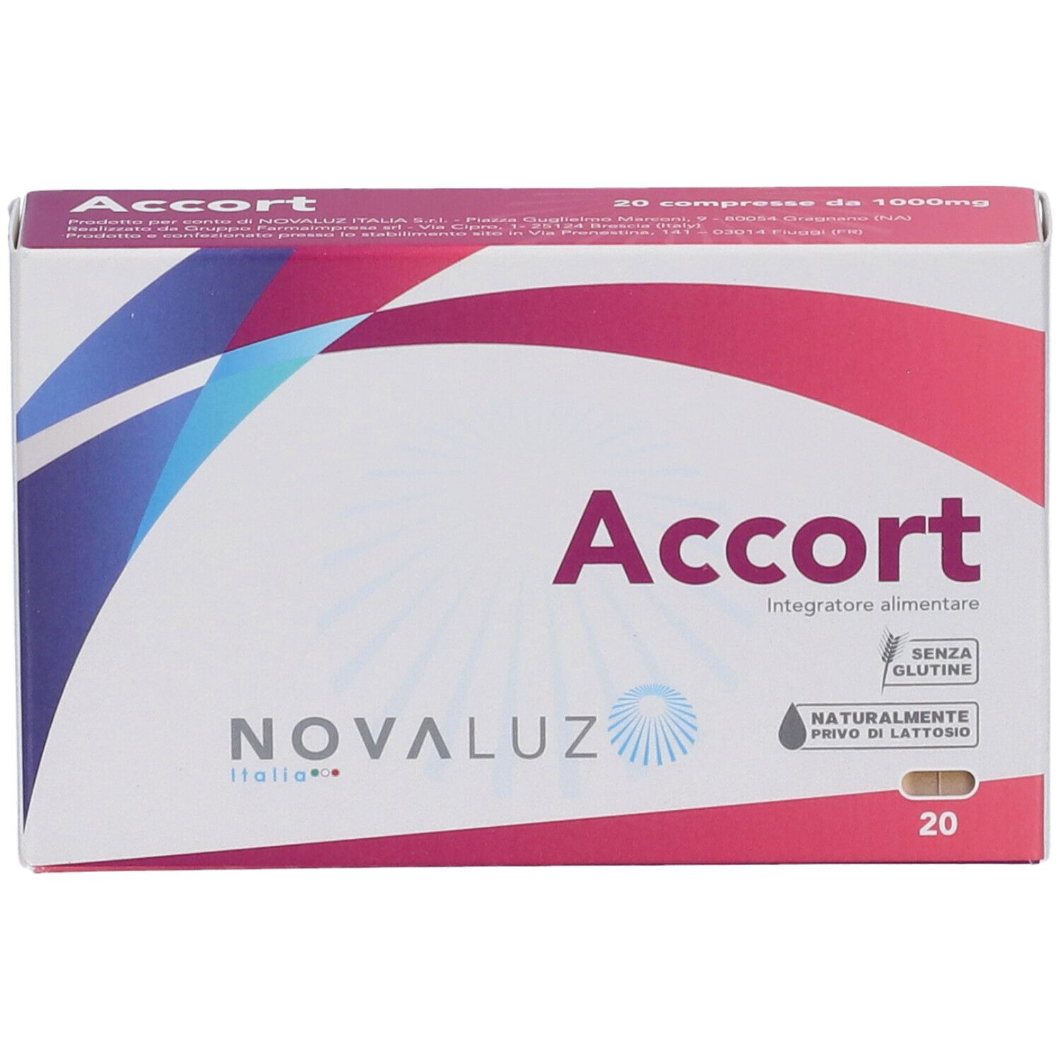 Accort: fronte della confezione integratore alimentare, 20 compresse, marca Novaluz.