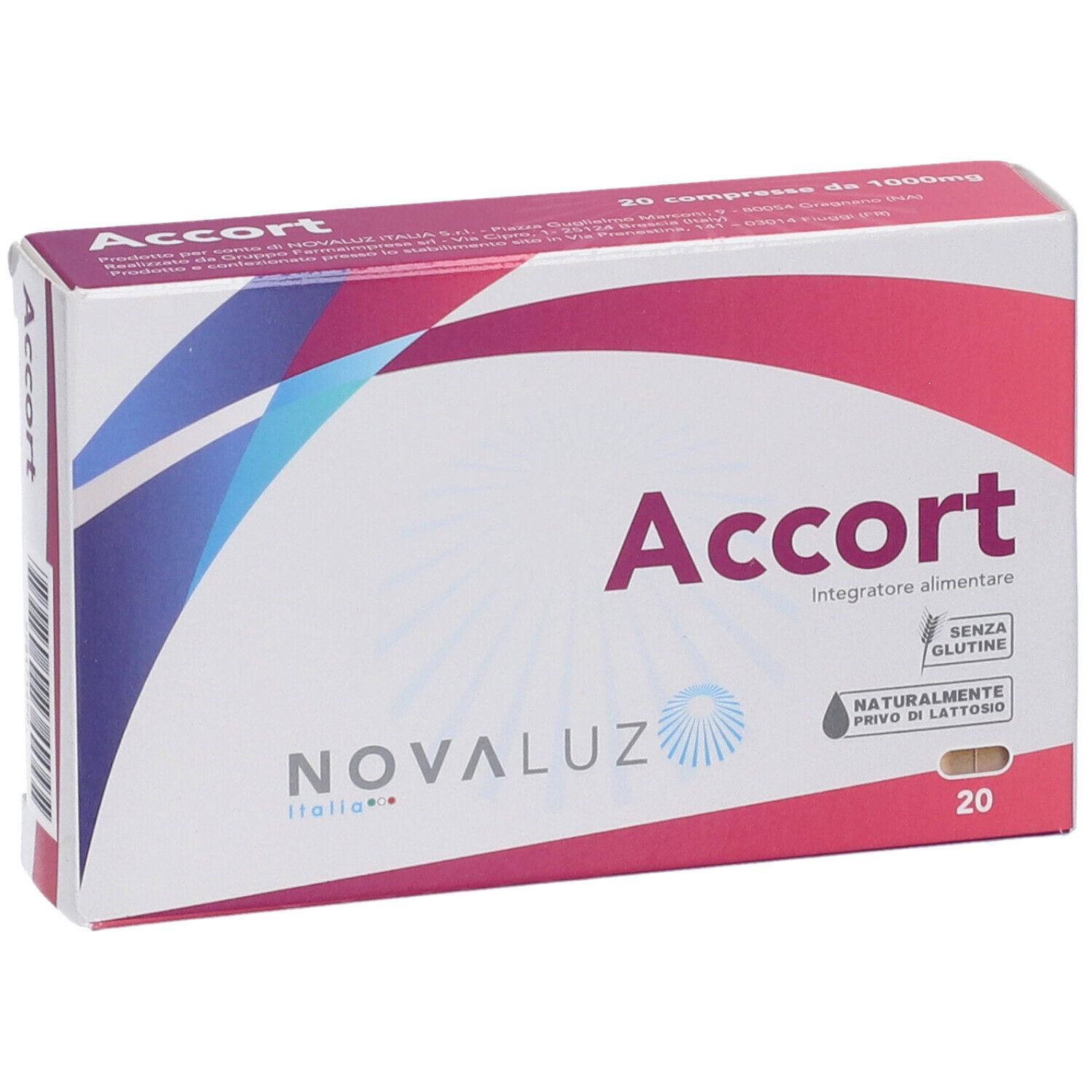 Accort: fronte della confezione integratore alimentare, 20 compresse, marca Novaluz.