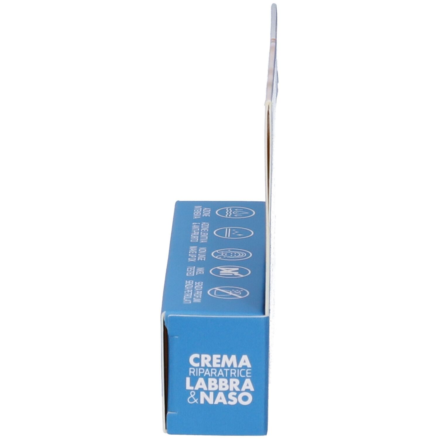 Vista laterale della confezione. Scritta 'Crema Riparatrice Labbra & Naso'. Marchio Eurospital. Simboli.