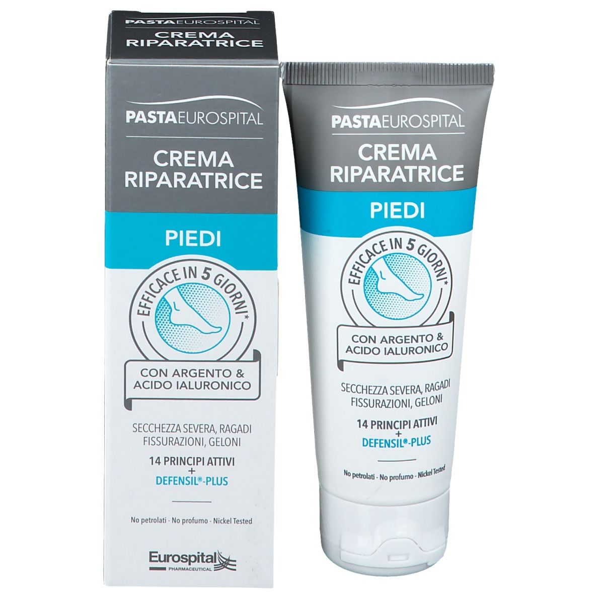 Confezione con tubo di crema Pasta Eurospital, Crema Riparatrice per piedi. Efficacia in 5 giorni.