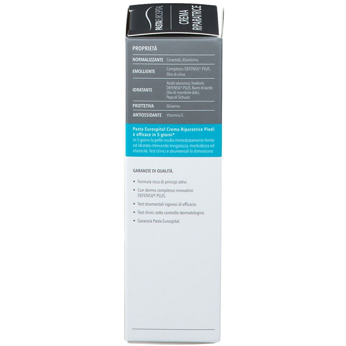Lato della confezione della crema Pasta Eurospital. Proprietà, garanzia di qualità. Logo Eurospital.