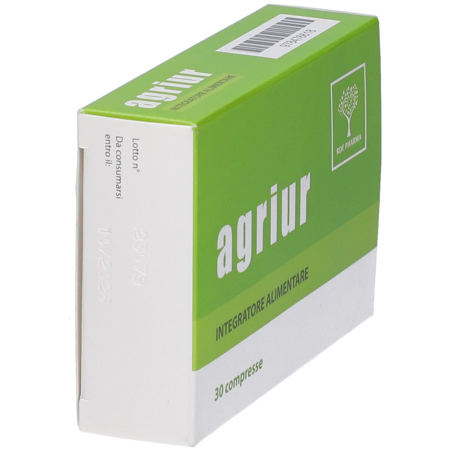 Scatola verde con scritta "agriur". Contiene 30 compresse. "Integratore Alimentare" sotto. Codice a barre in alto.
