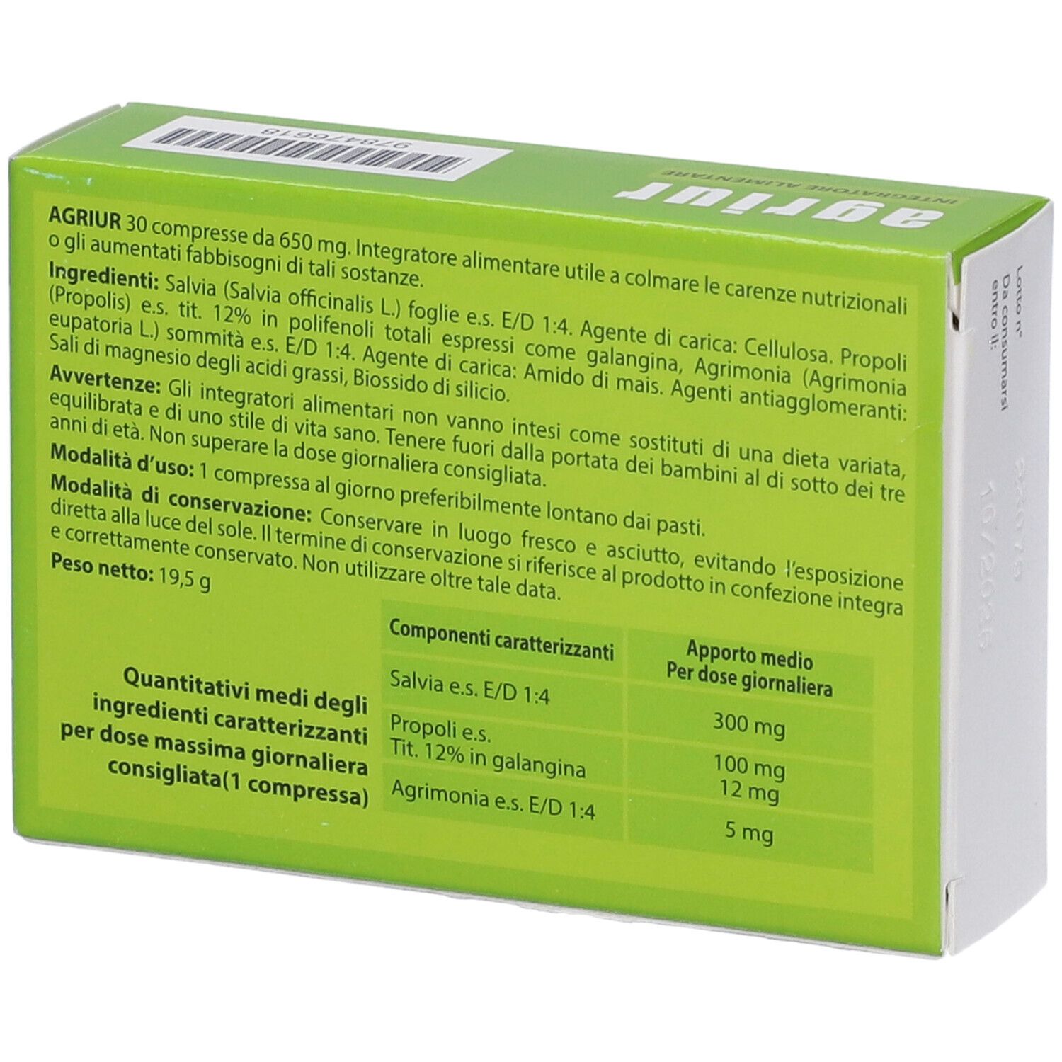 Retro della scatola verde. Testo con ingredienti e informazioni nutrizionali. Scritta "agriur" in alto.