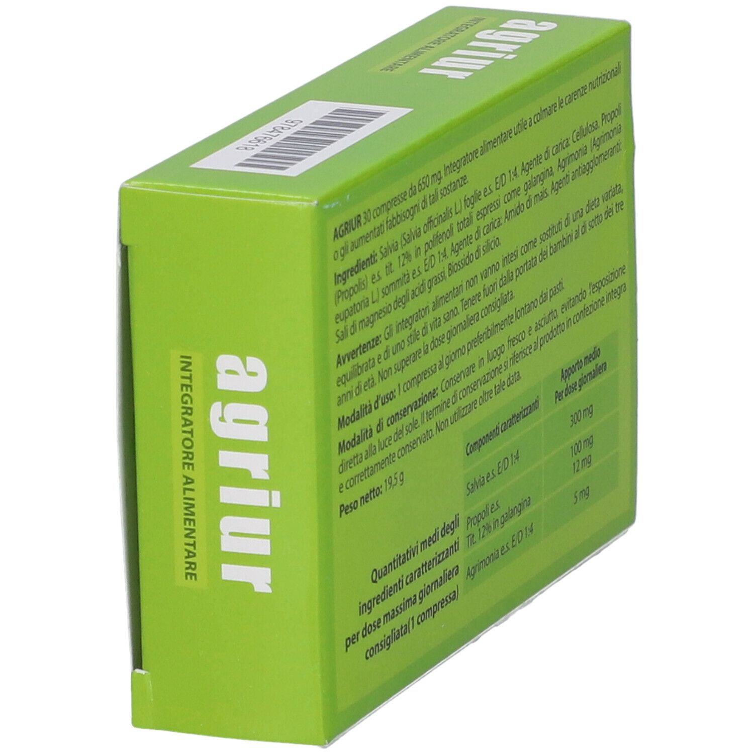 Scatola verde con scritta "agriur". Contiene 30 compresse. "Integratore Alimentare" sotto. Retro con testo.