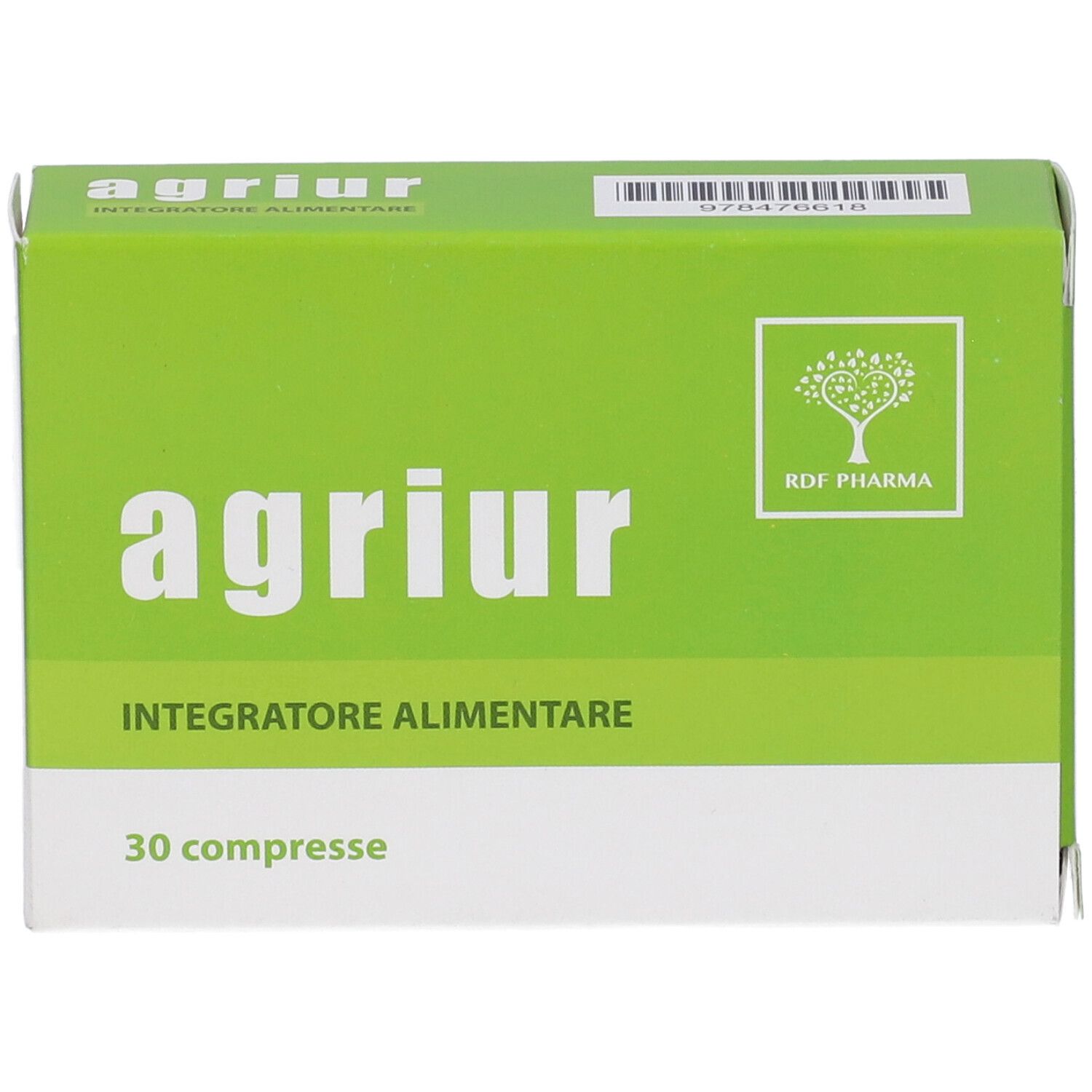 Scatola verde con scritta "agriur". Contiene 30 compresse. "Integratore Alimentare" sotto. Logo RDF Pharma.