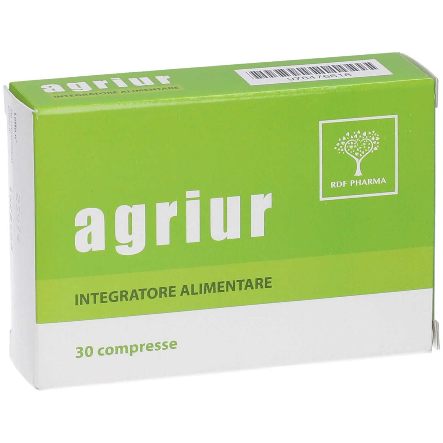 Scatola verde con scritta "agriur". Contiene 30 compresse. "Integratore Alimentare" sotto. Logo RDF Pharma.