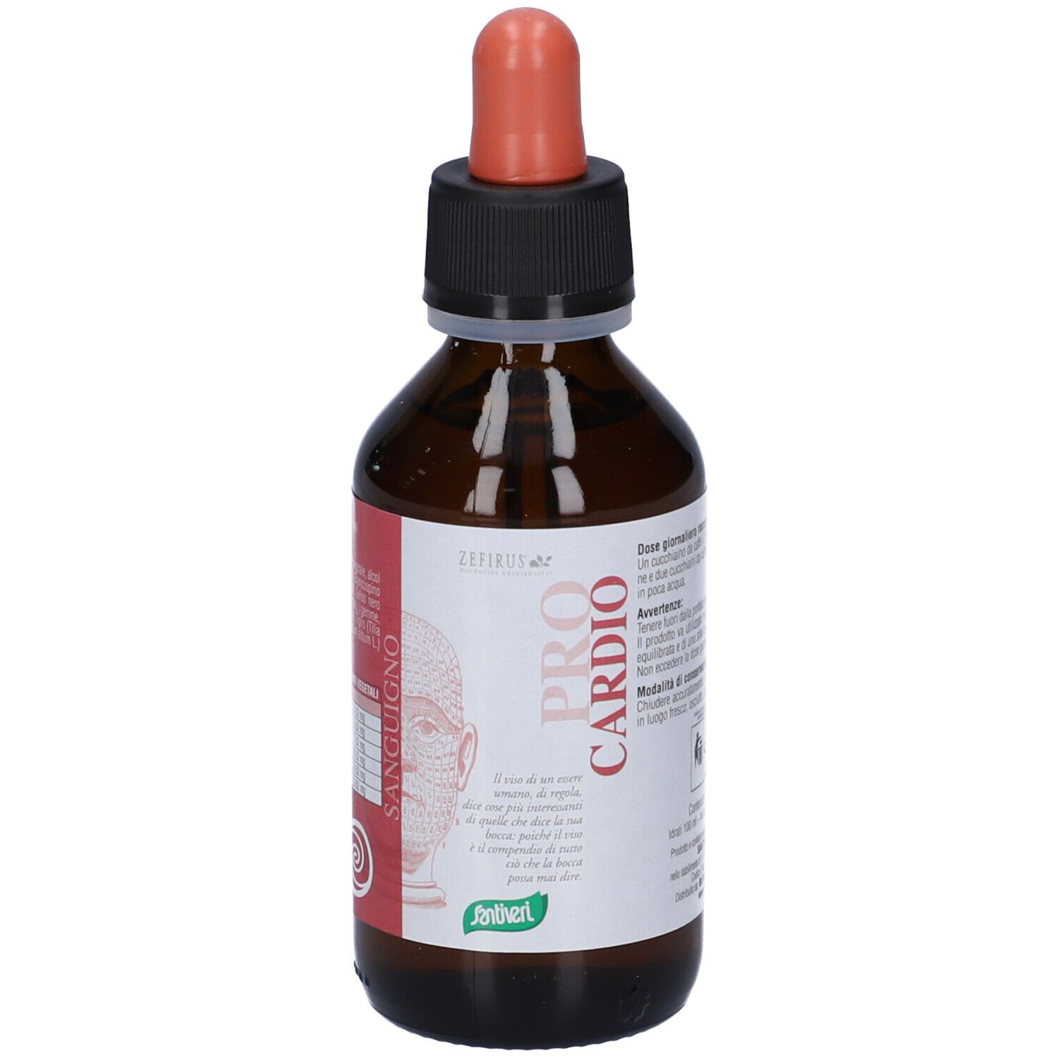 Flacone di vetro marrone con tappo nero e contagocce rosso. Scritta "PRO CARDIO". Etichetta con testo e logo.