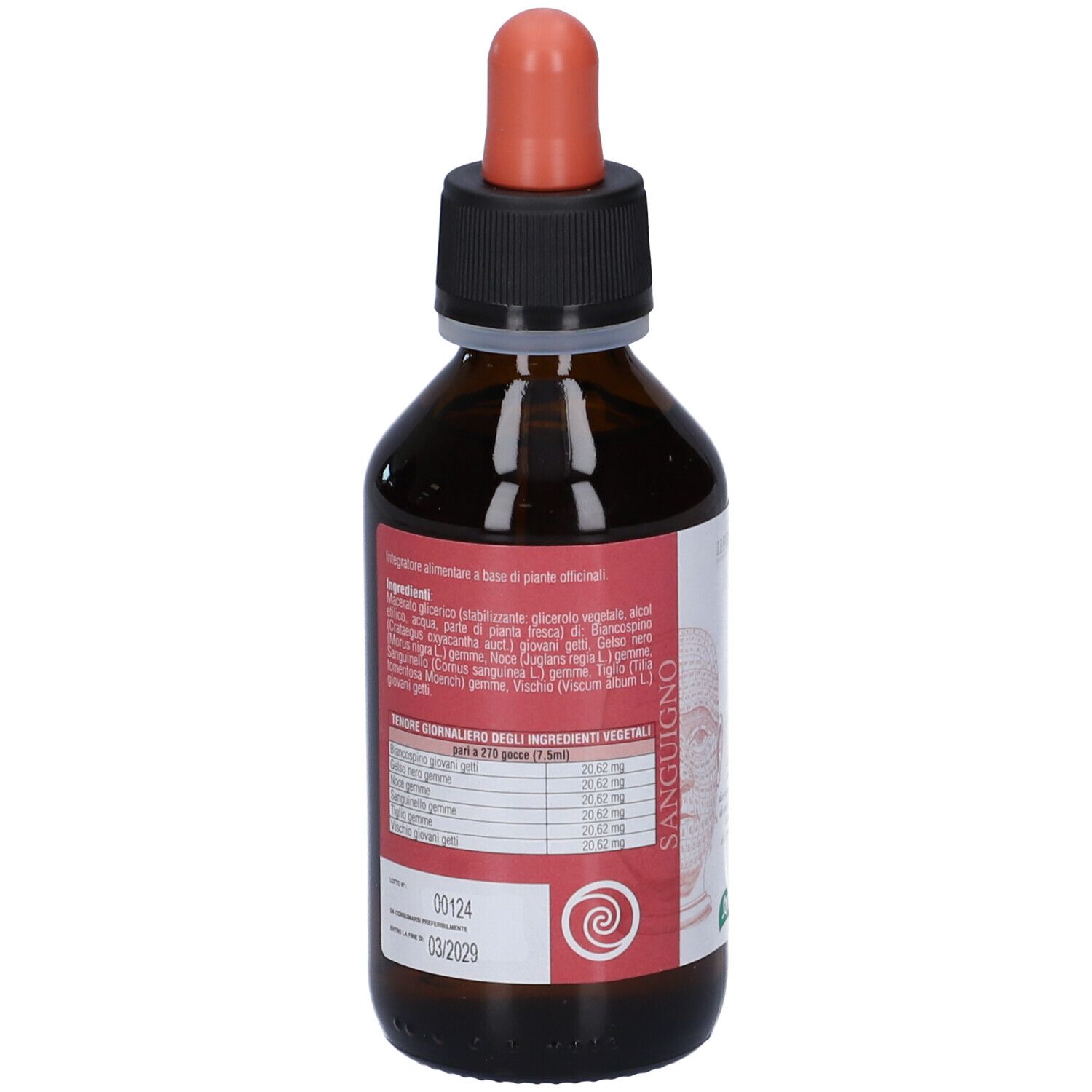 Flacone di vetro marrone con tappo nero e contagocce rosso. Etichetta con ingredienti e informazioni nutrizionali.